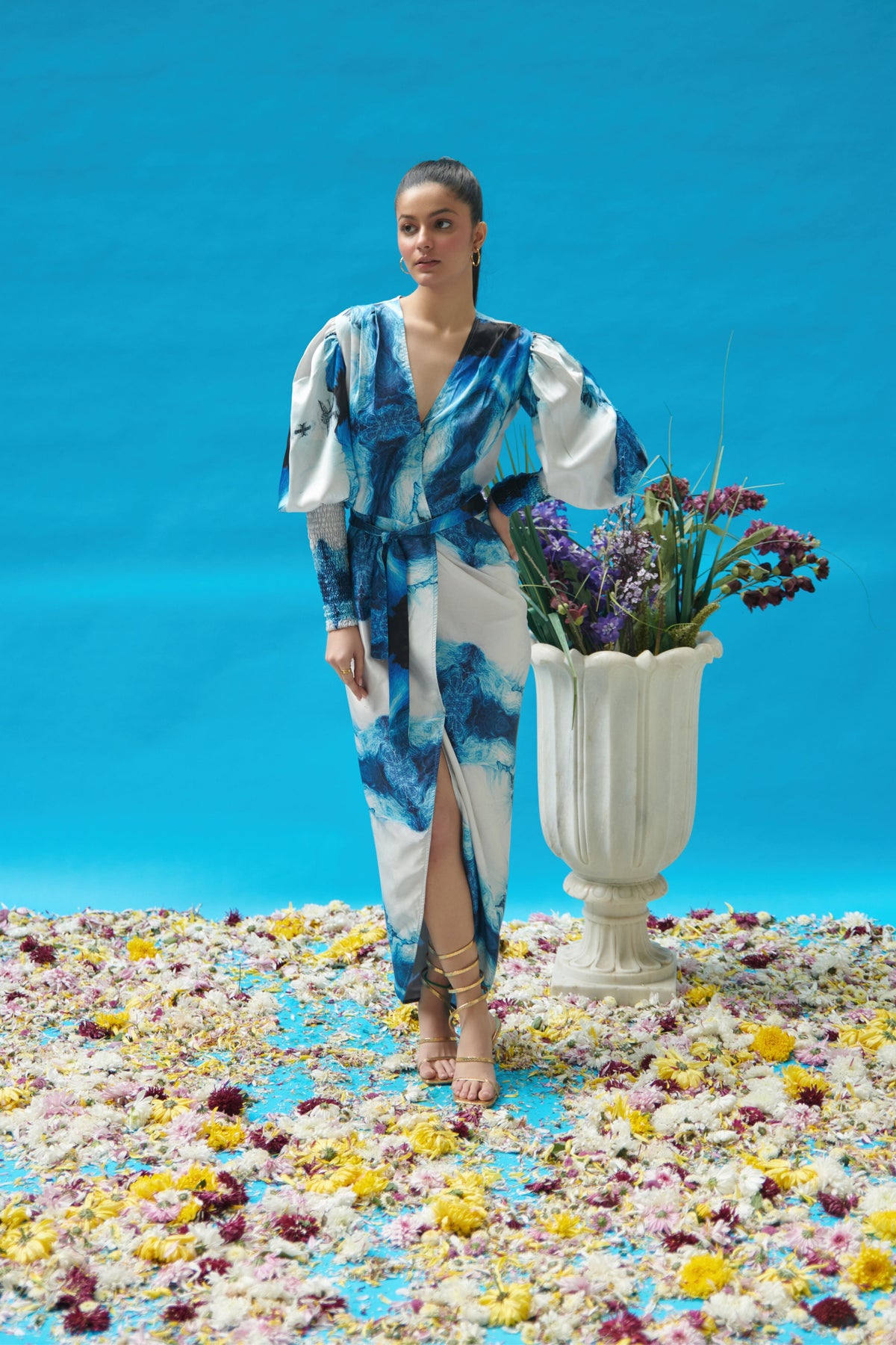 Blue Wave Printed Wrap-on Dress