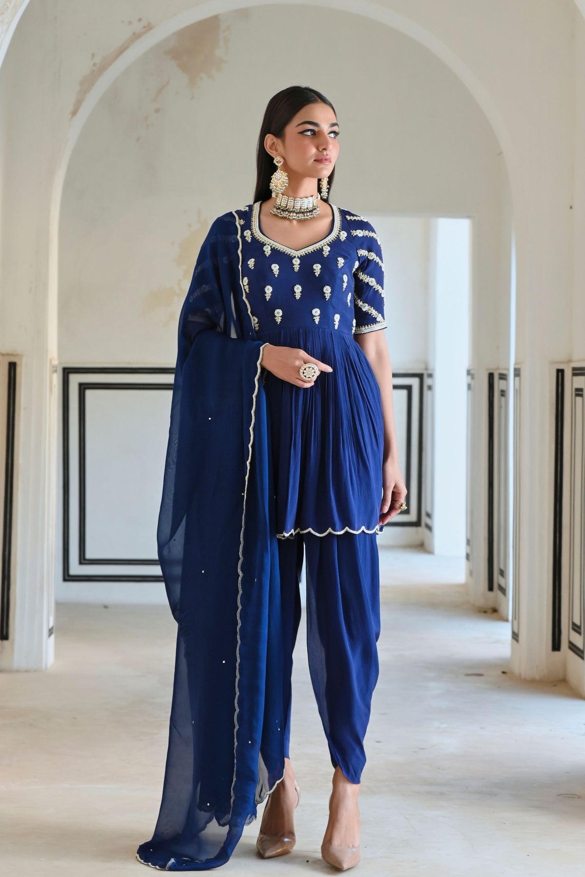 Royal Blue Embroidered Peplum Set