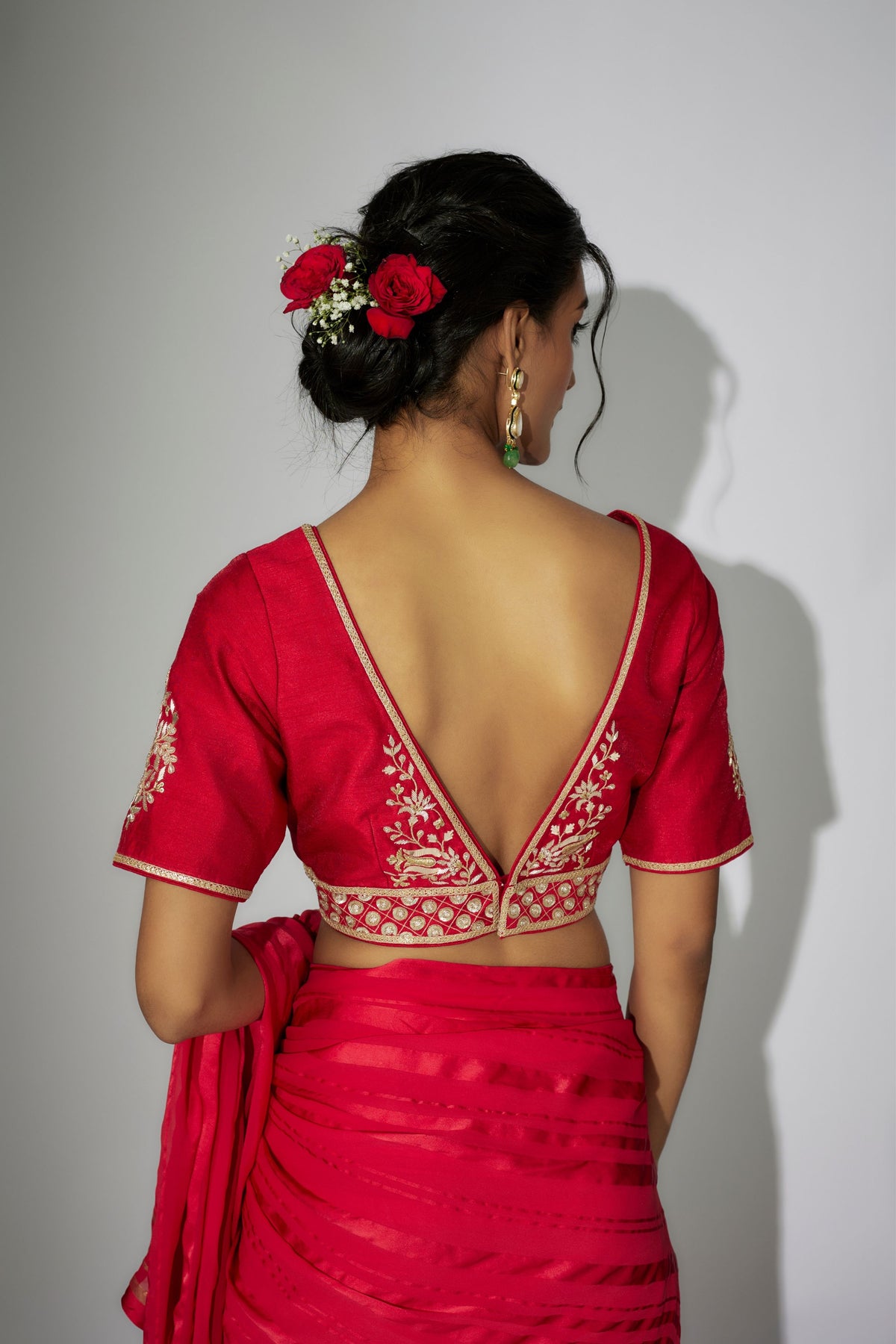 Cherry Red Pre-stitched Saree Set