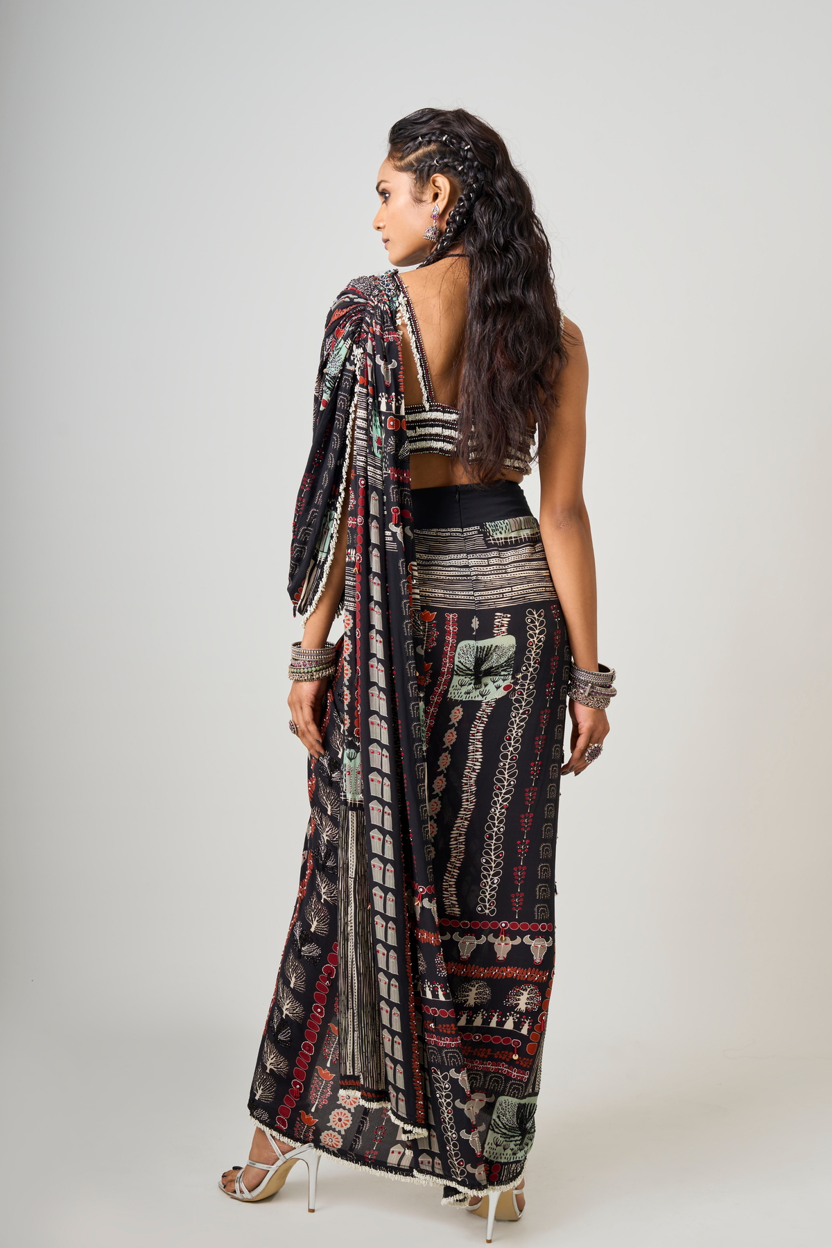 Printed Embroidered Drape Saree Set