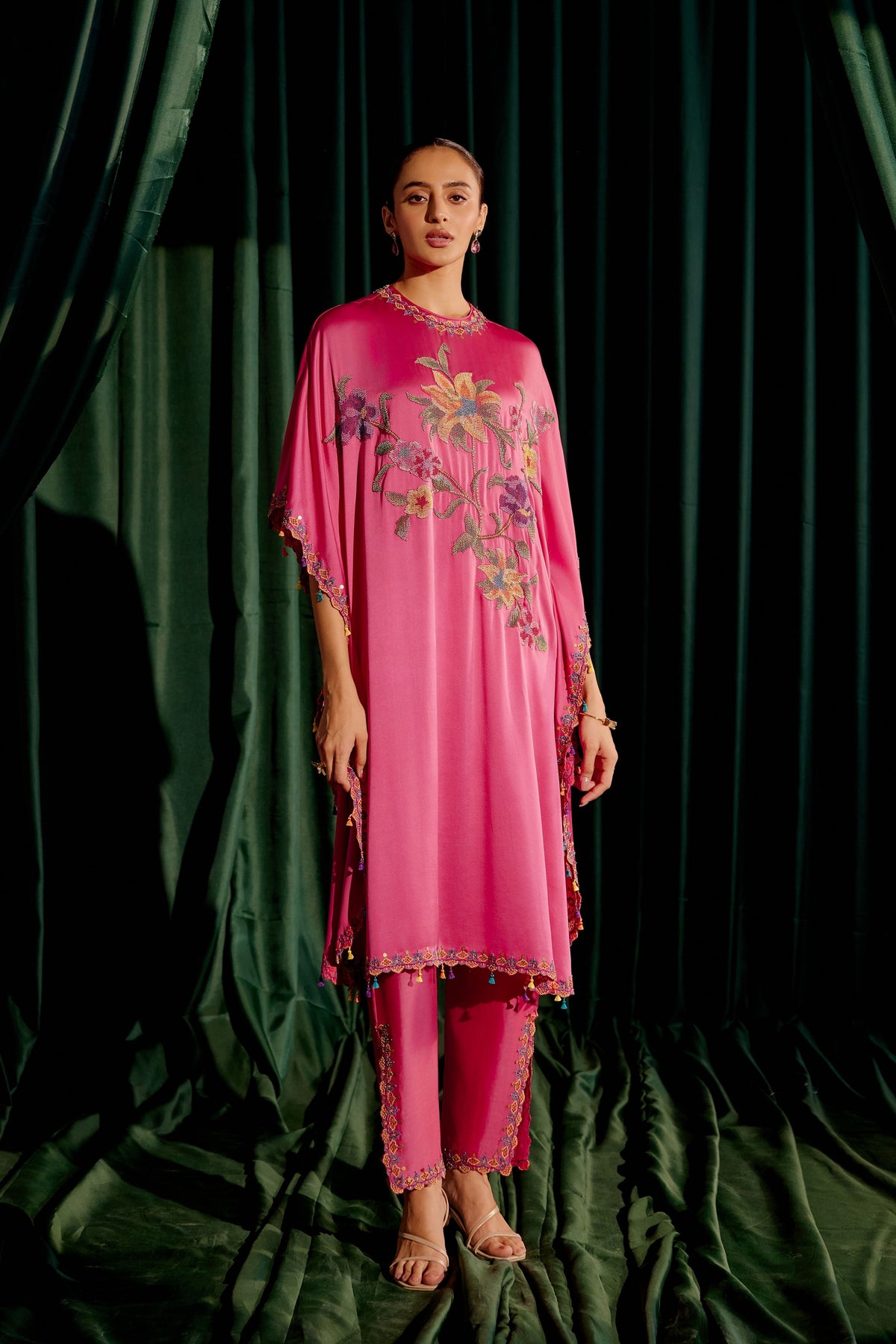 Fuchsia Floral Beadwork Kaftan Set