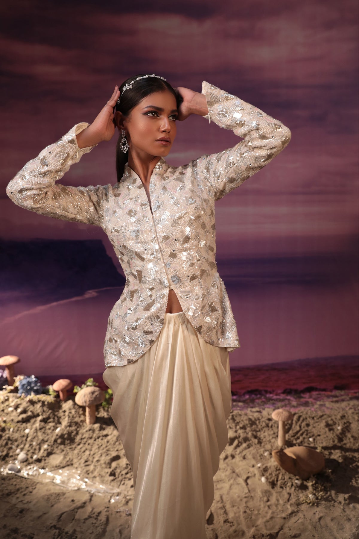 Geometrical Pattern Ivory Jacket Set