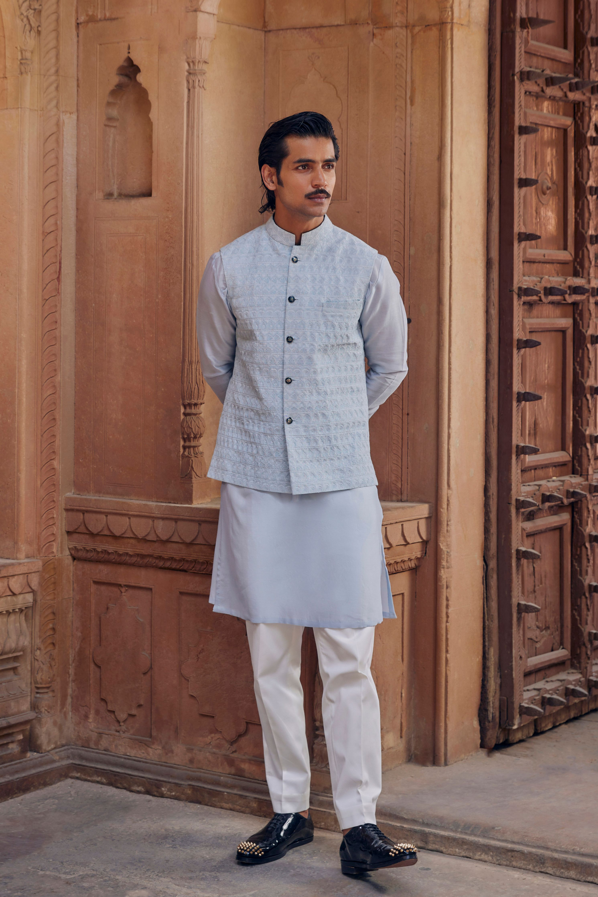 Amaal Sky Blue Ensemble With Intricate Gota Nehru Jacket