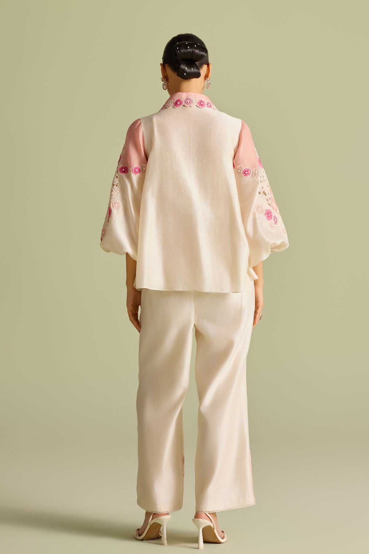 Pinkish Ivory Panelled  Applique Pants