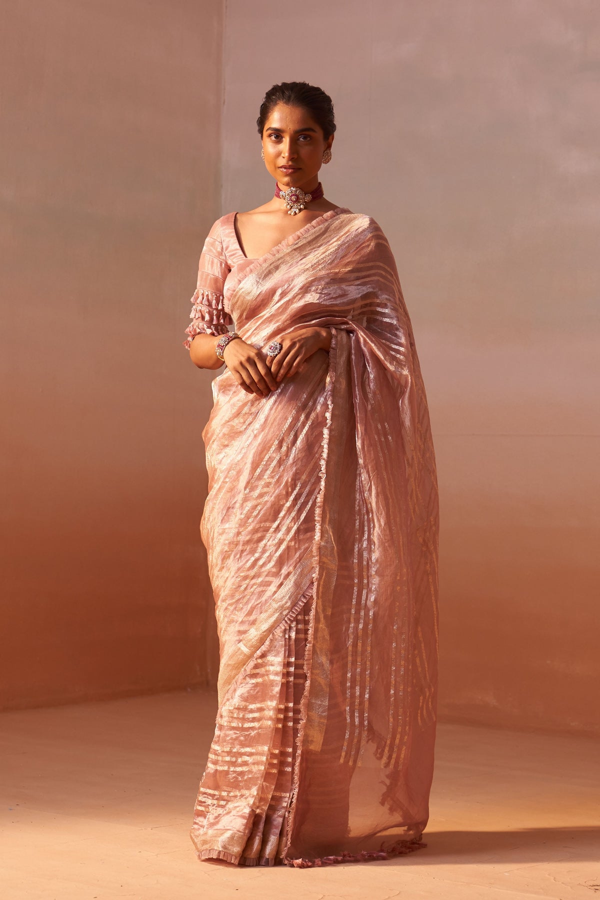 Rose Pink Organza Tissue Saree