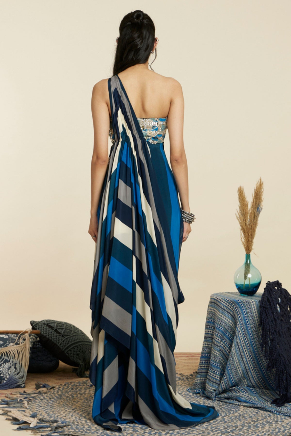 Blue Stripe Embellished Saree Draped Gown