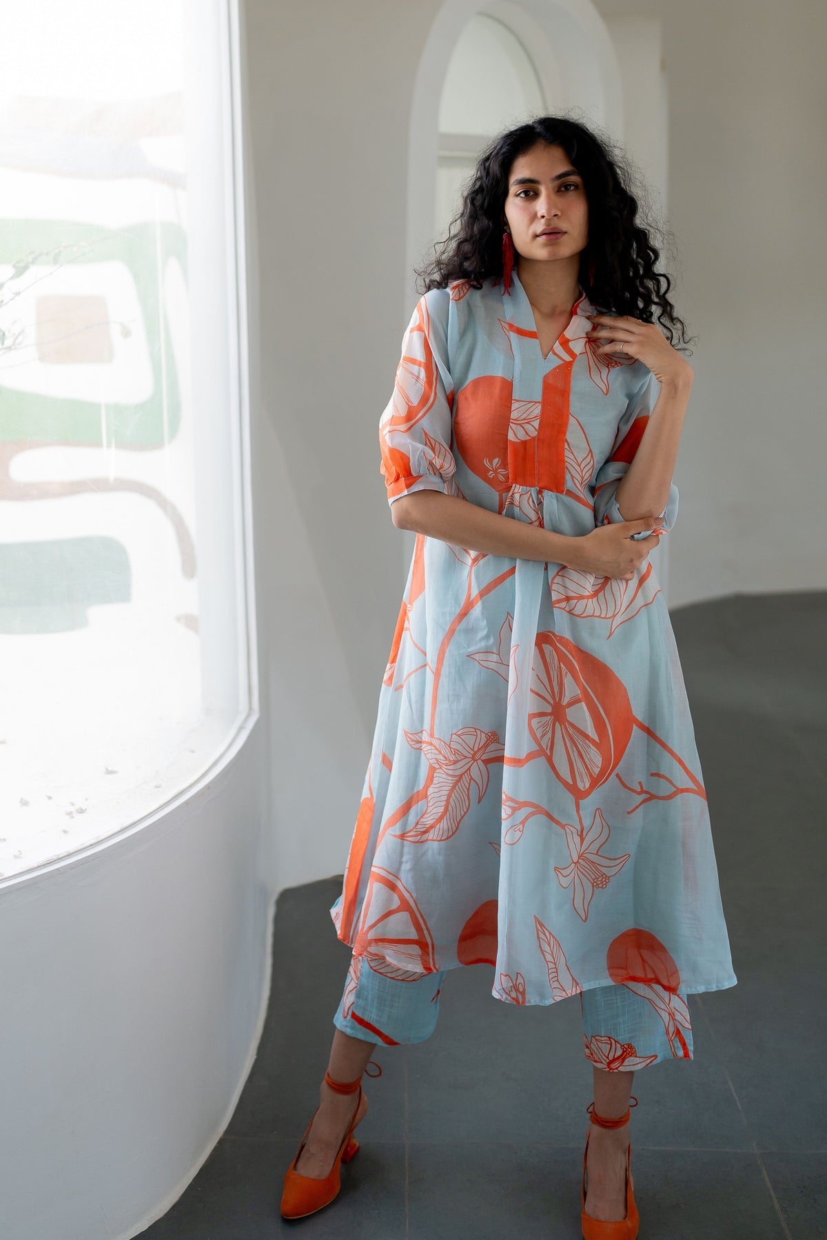 Mandarin Print Kurta With Slip