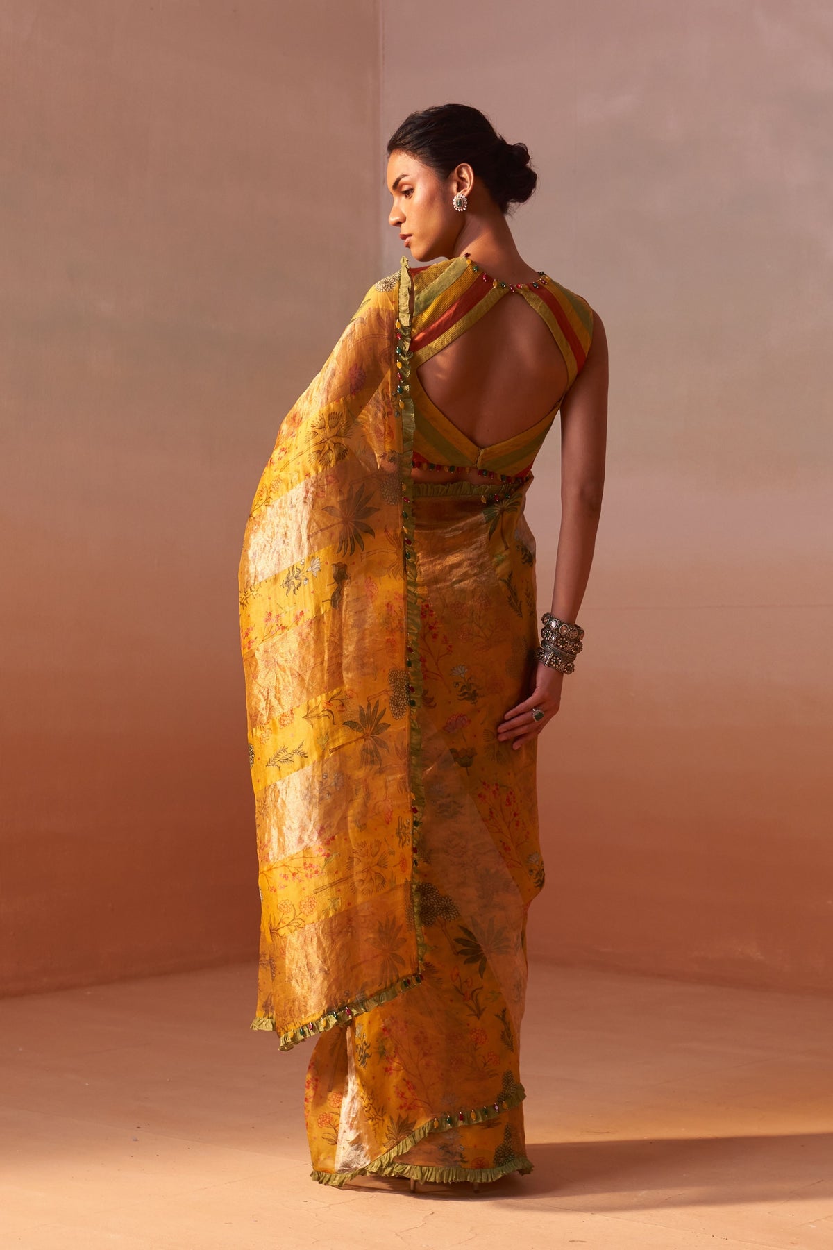 Yellow Printed Organza Saree