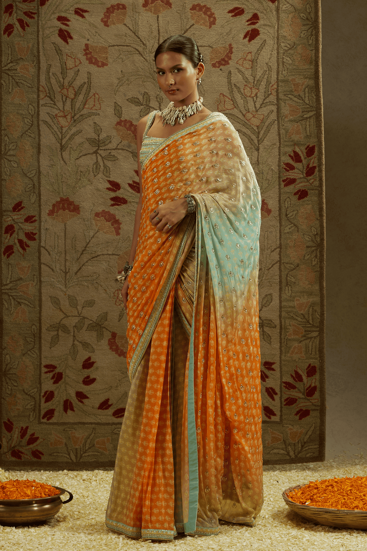 Embellished Bustier With Orange Saree