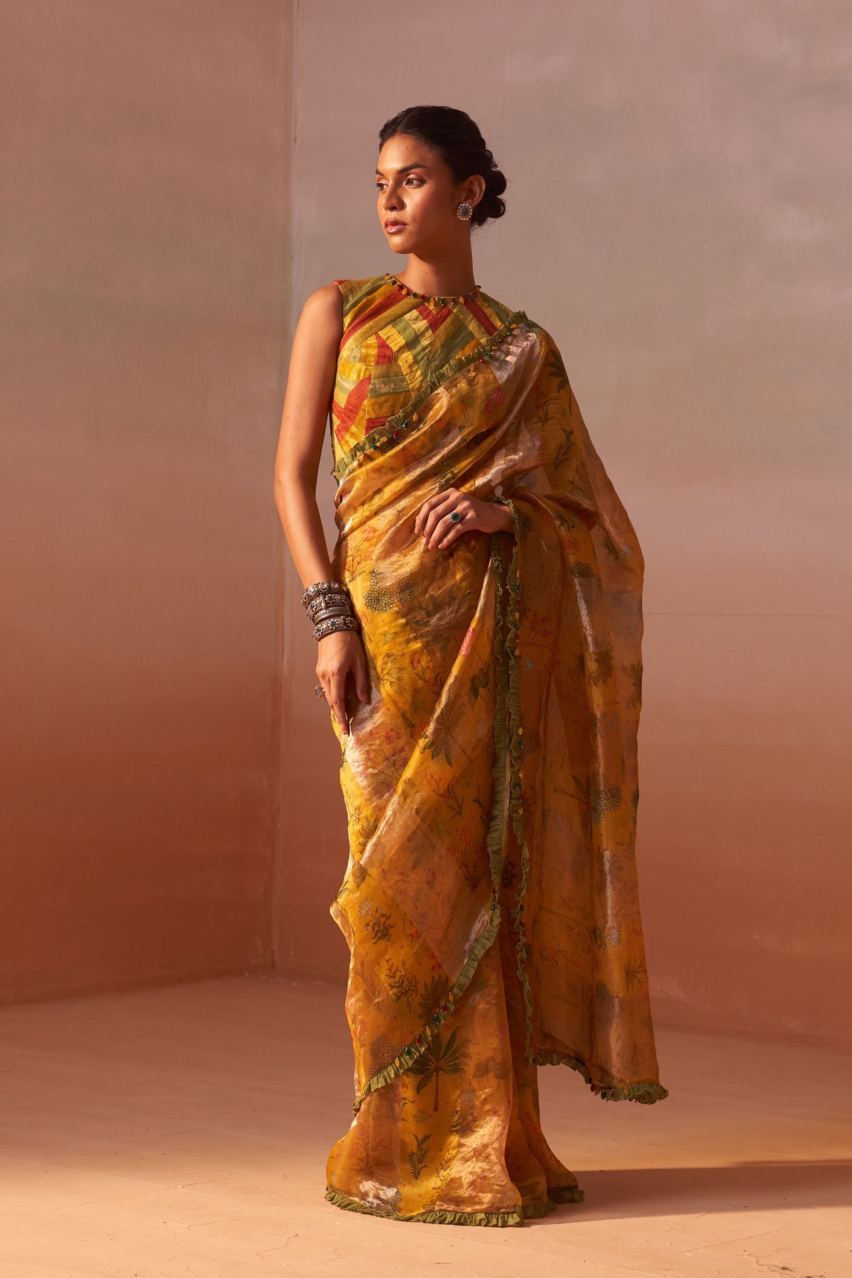 Yellow Printed Organza Saree