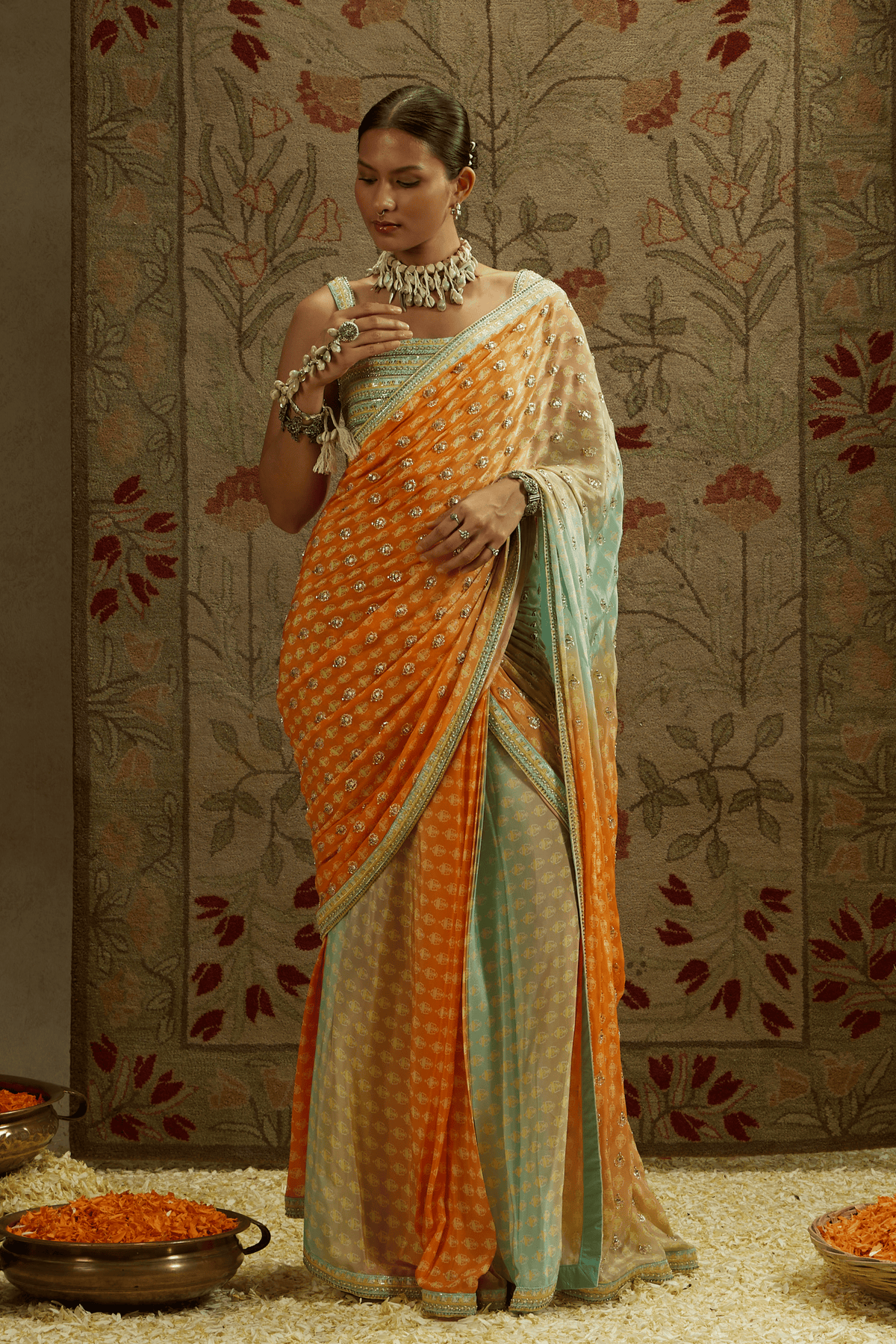 Embellished Bustier With Orange Saree