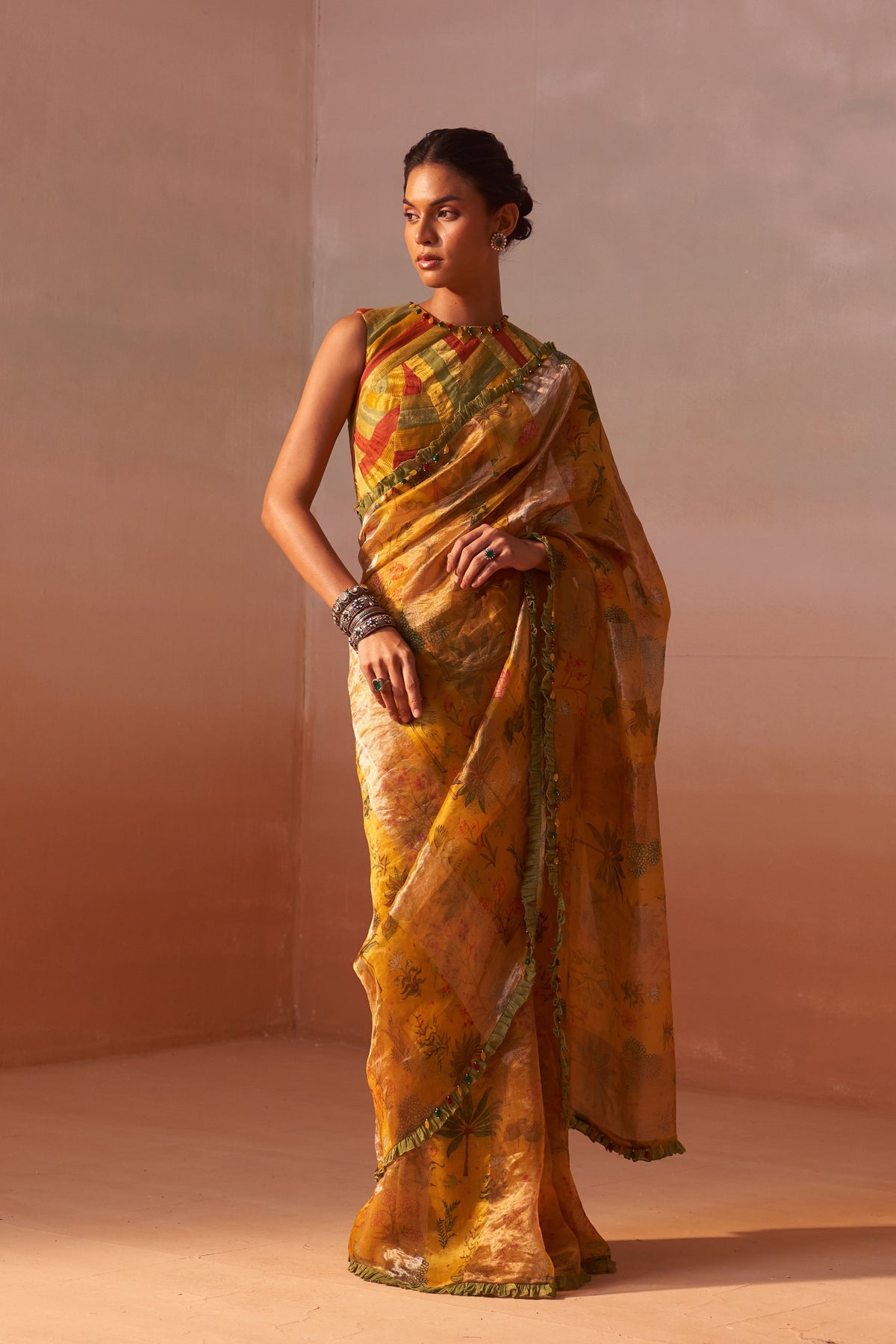 Yellow Printed Organza Saree