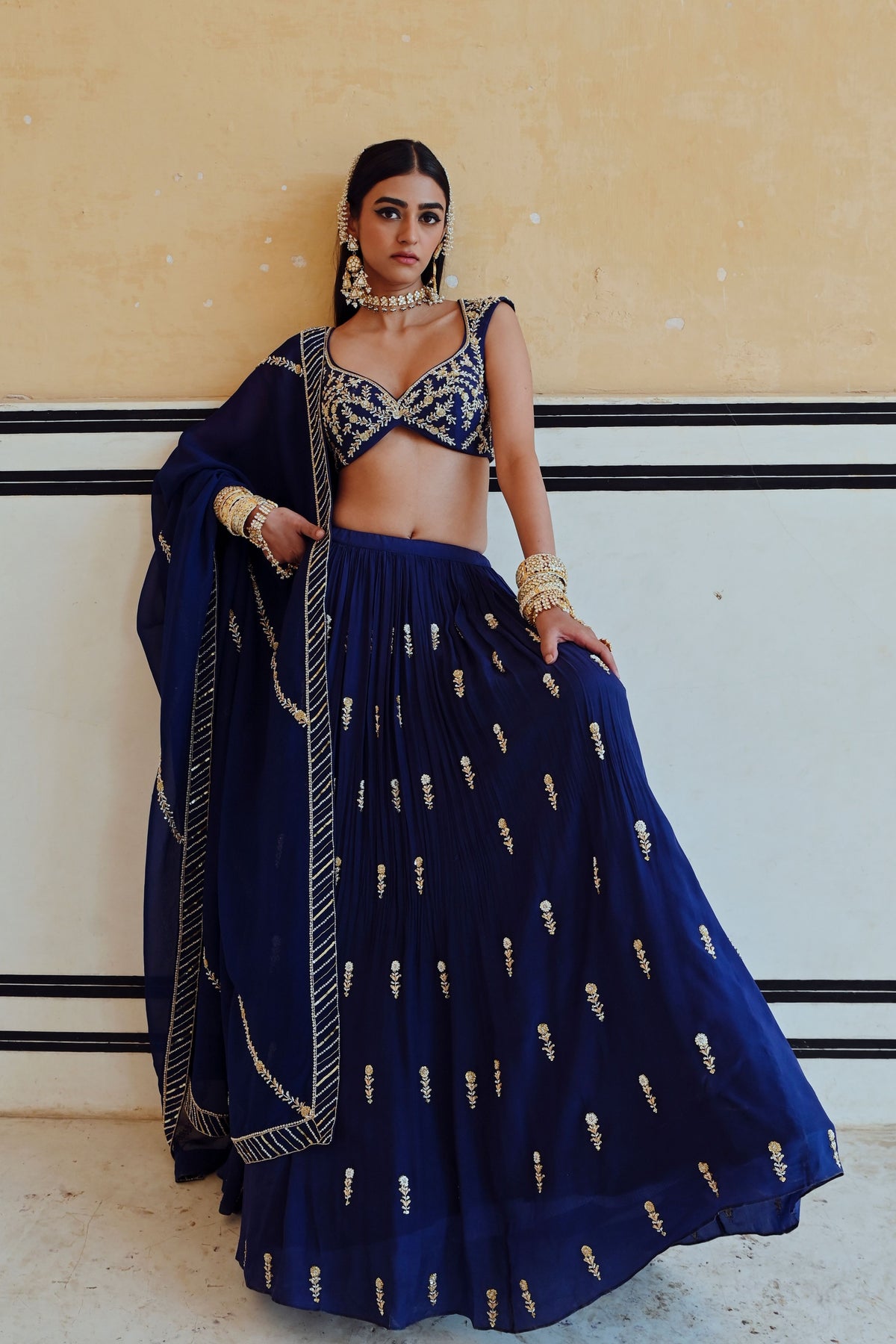 Royal Blue Floral Lehenga Set