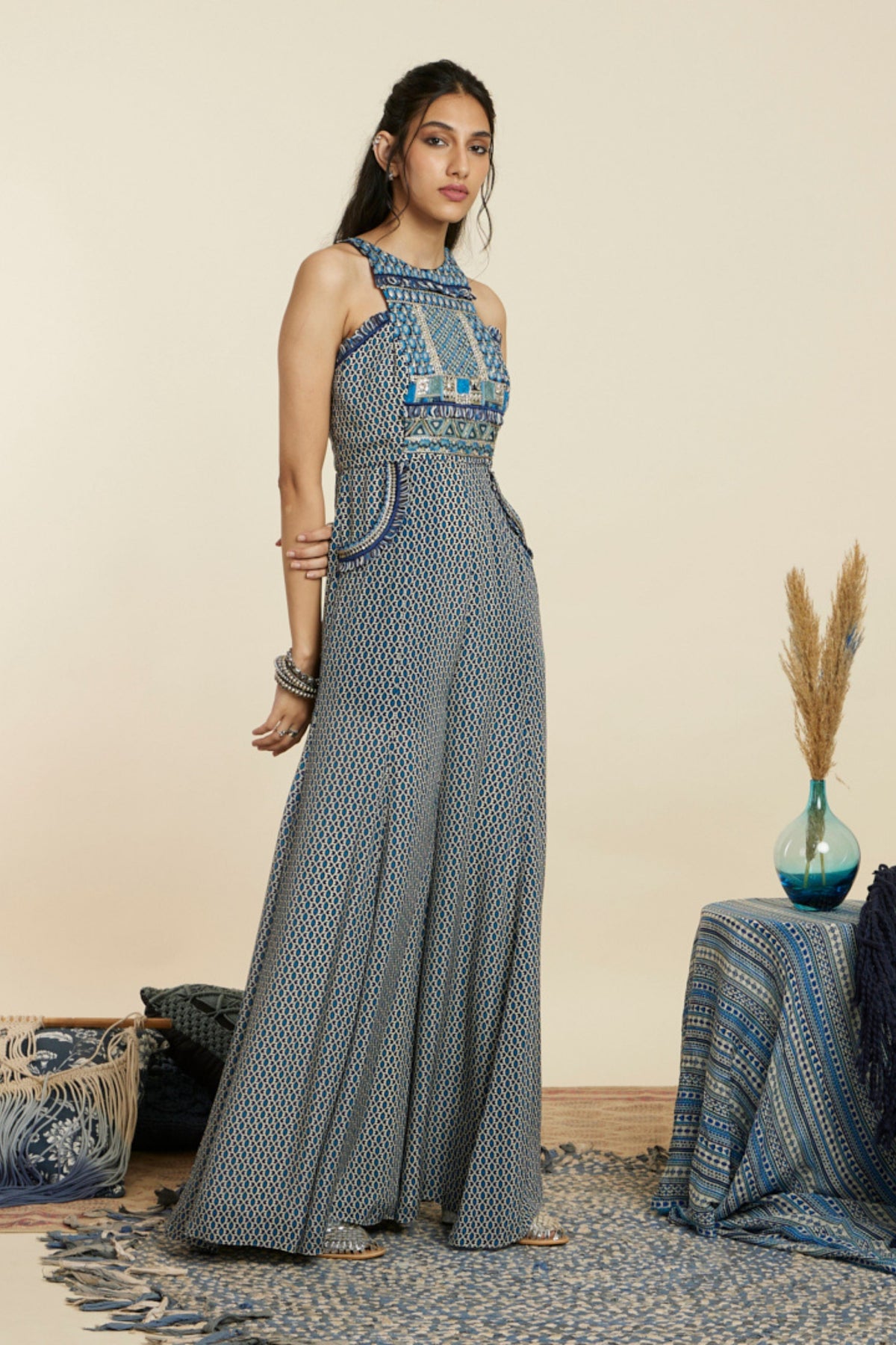 Blue Geometric Yoke Style Jumpsuit