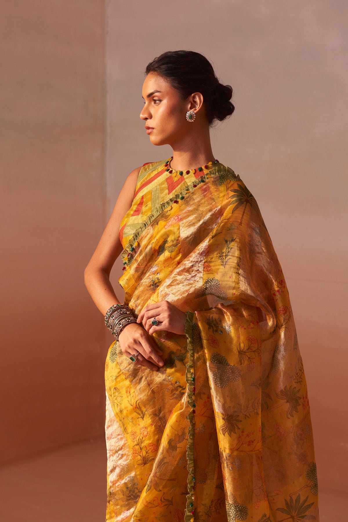 Yellow Printed Organza Saree