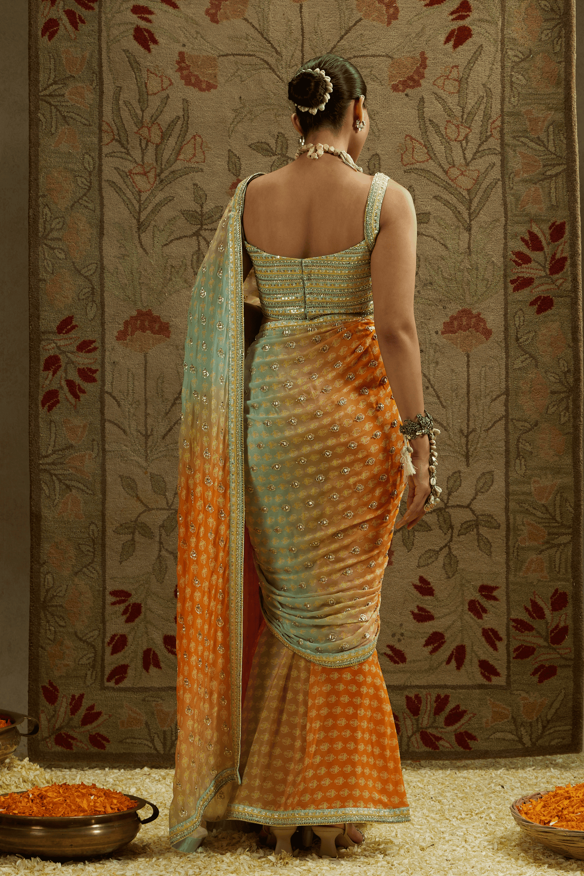 Embellished Bustier With Orange Saree