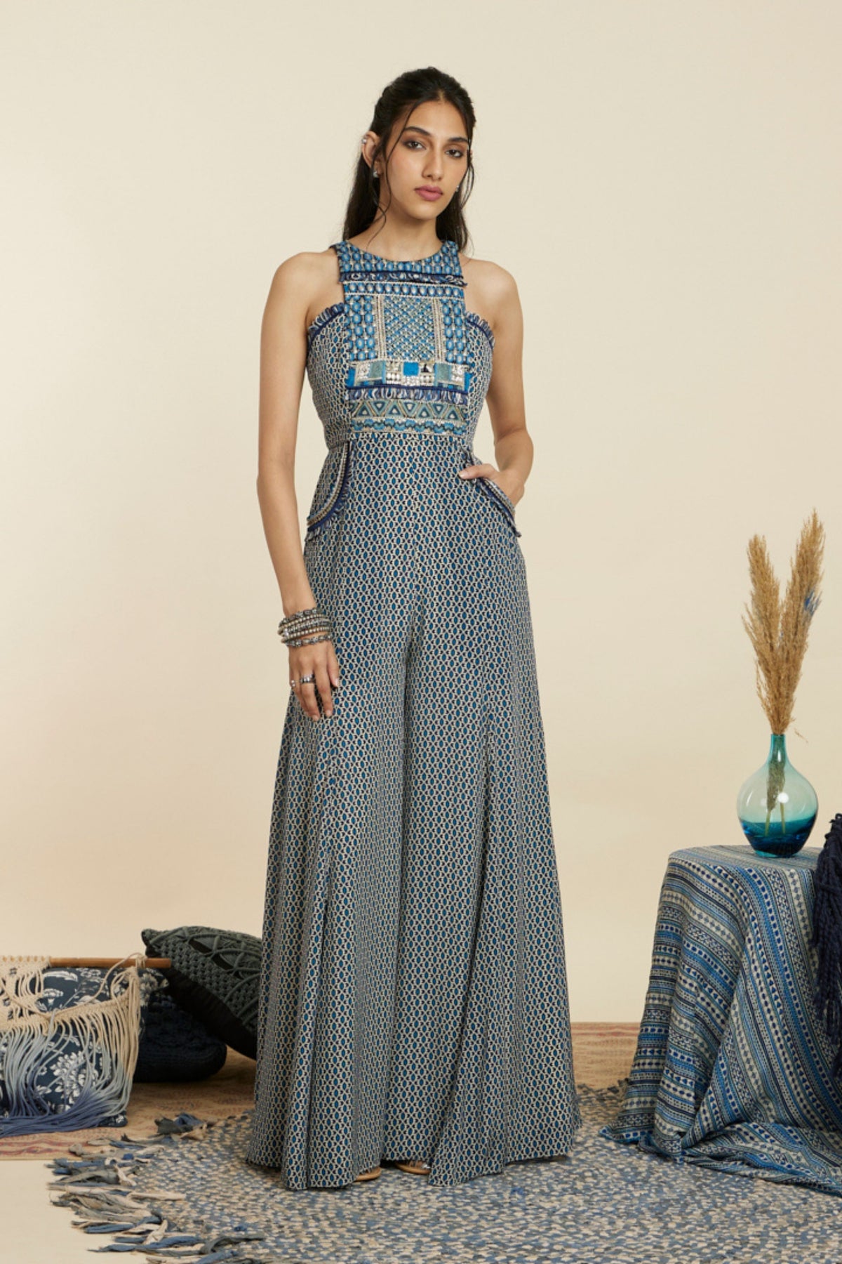 Blue Geometric Yoke Style Jumpsuit