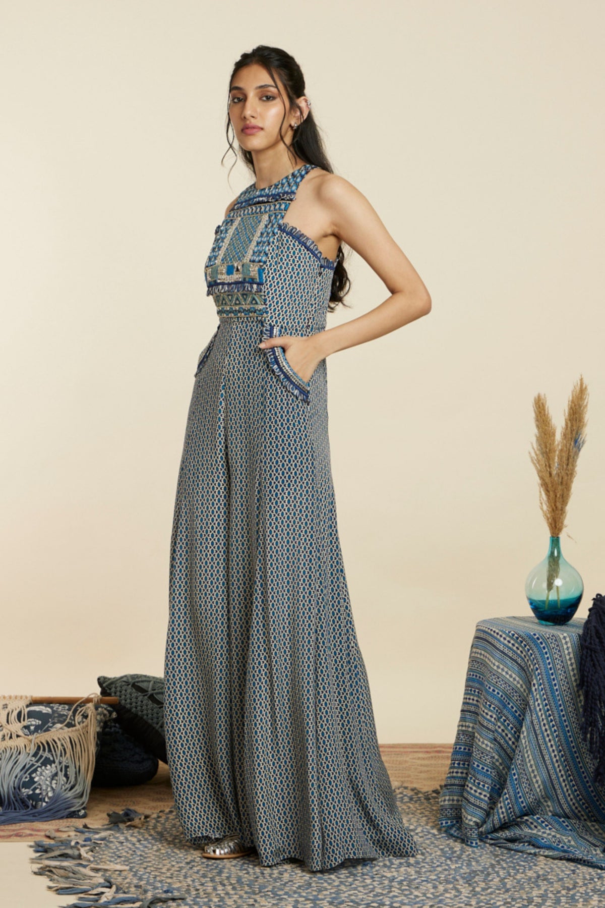 Blue Geometric Yoke Style Jumpsuit