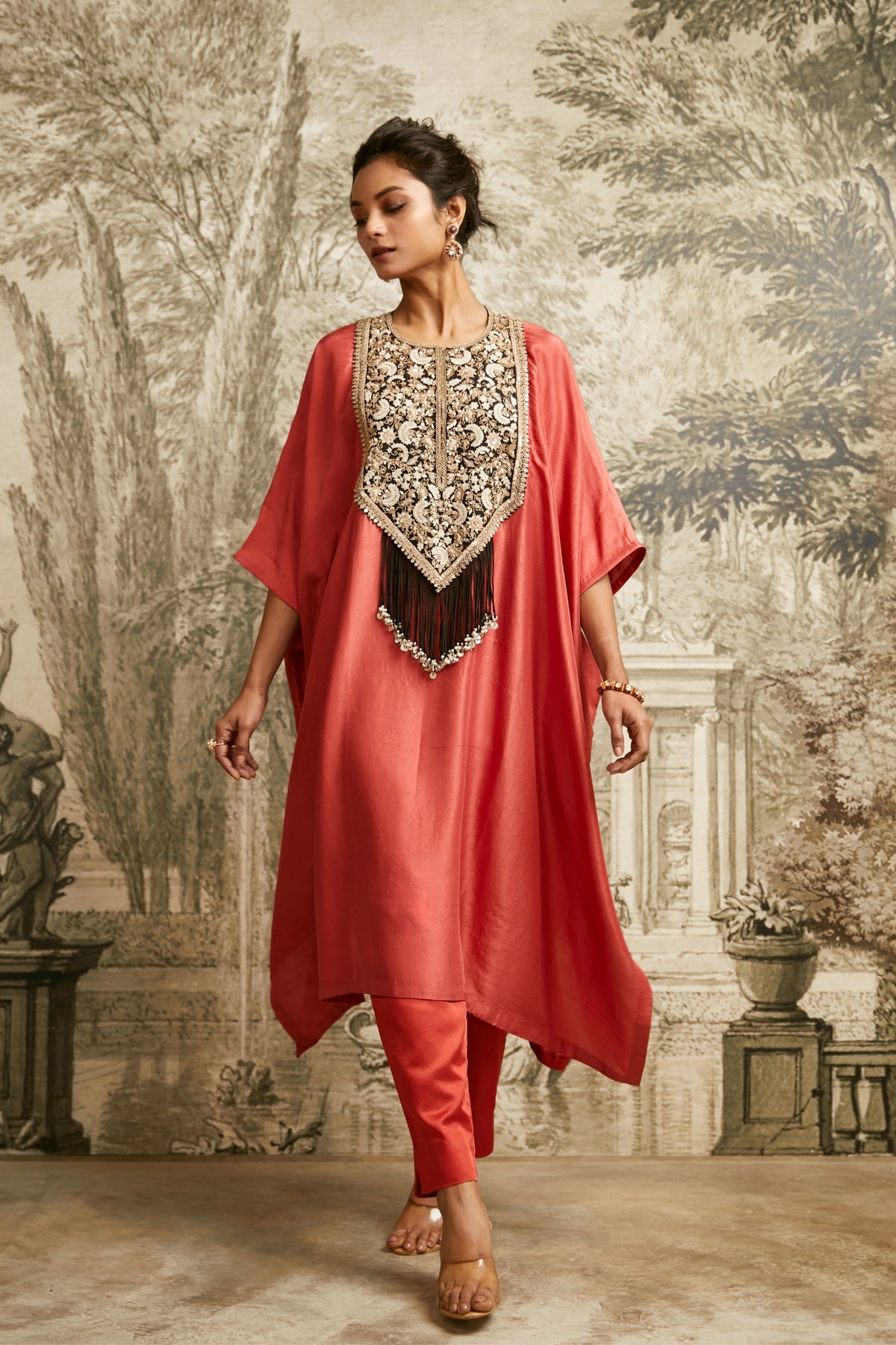 Deep Orange Silk Kaftaan Set