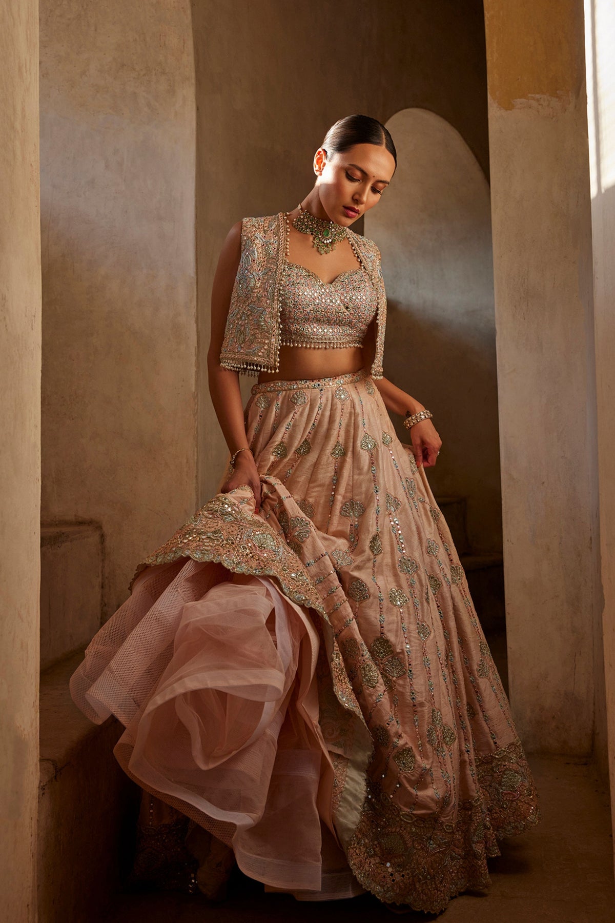 Peach Lehenga With Short Jacket and Bustier