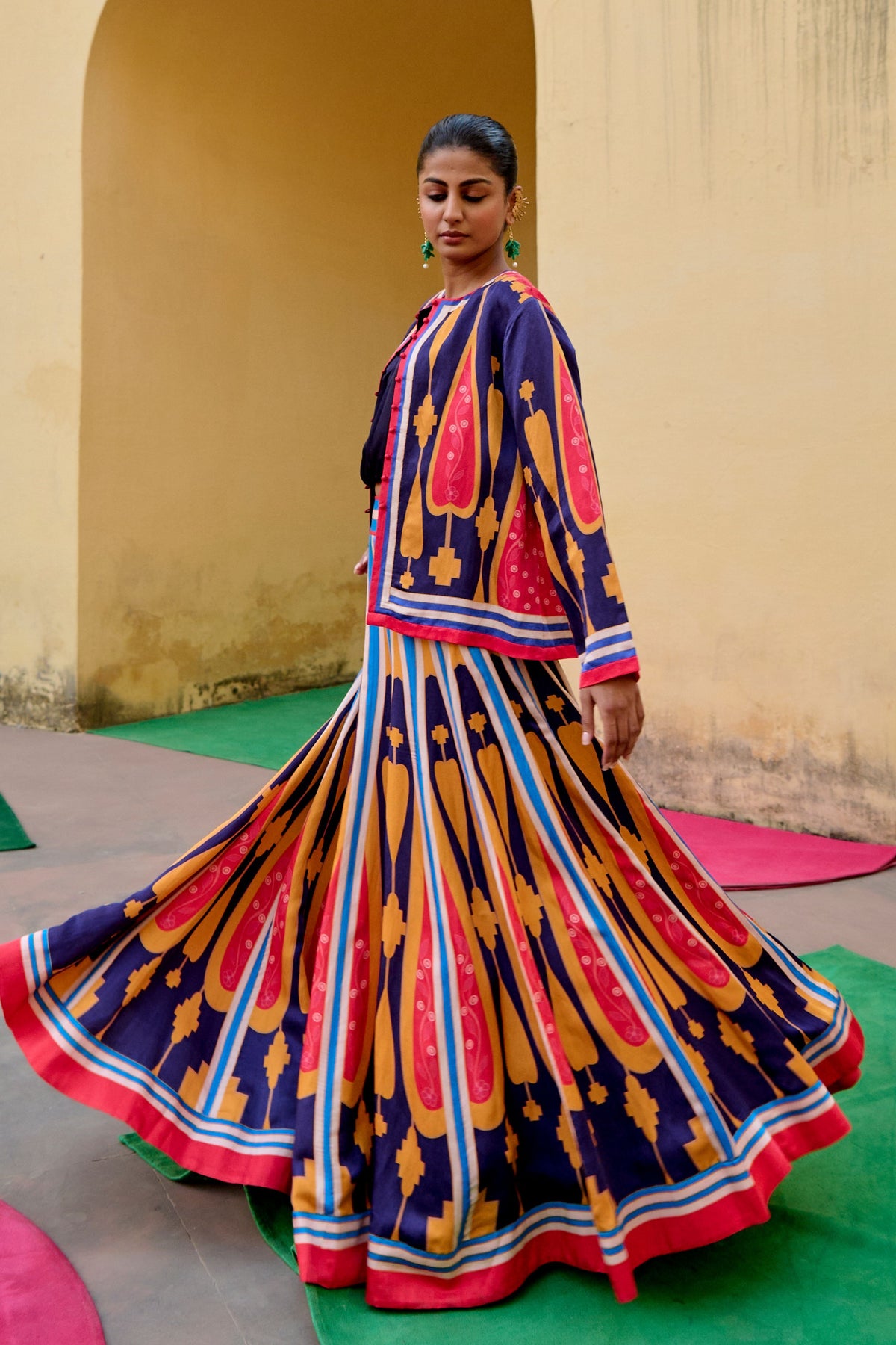 Blue Yellow Kilim Lehenga Set