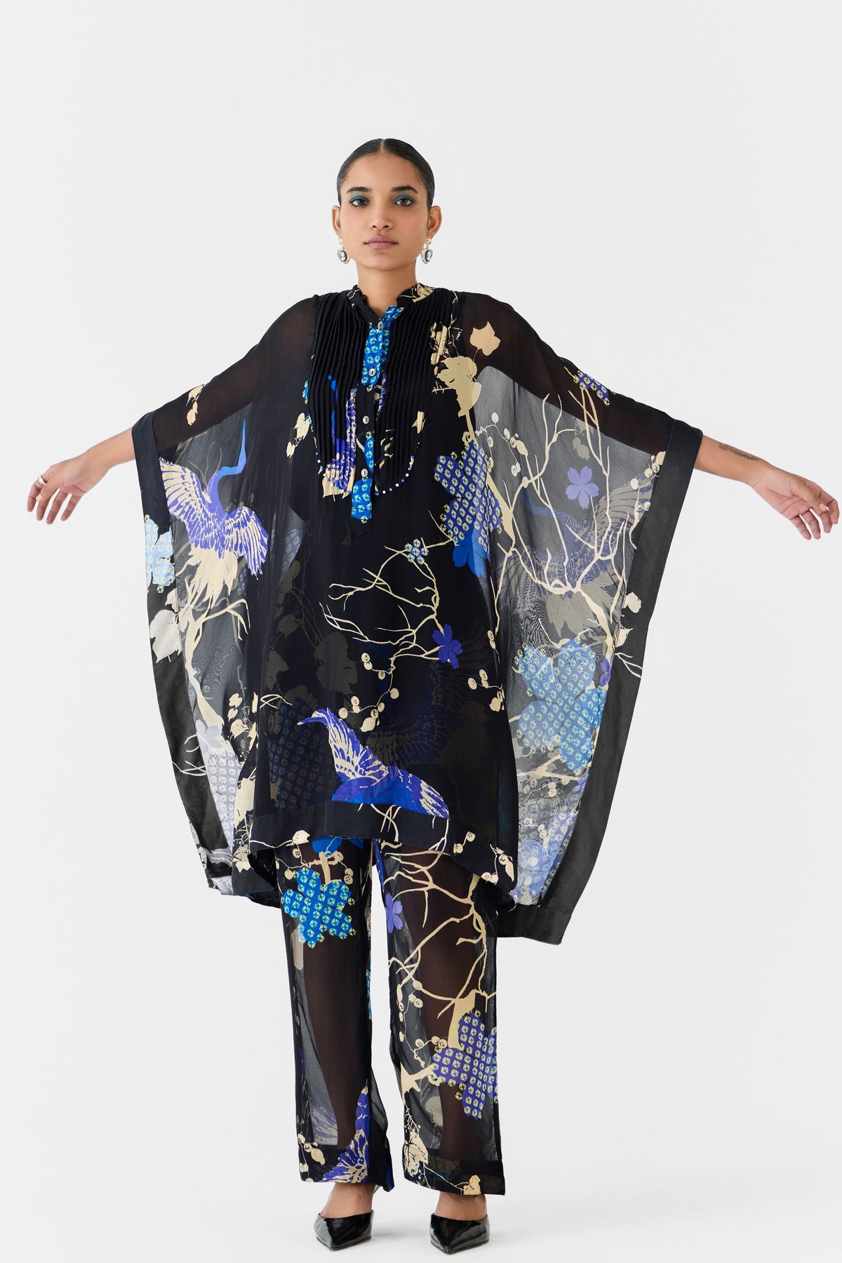 Black Crane Organza Kaftan Set