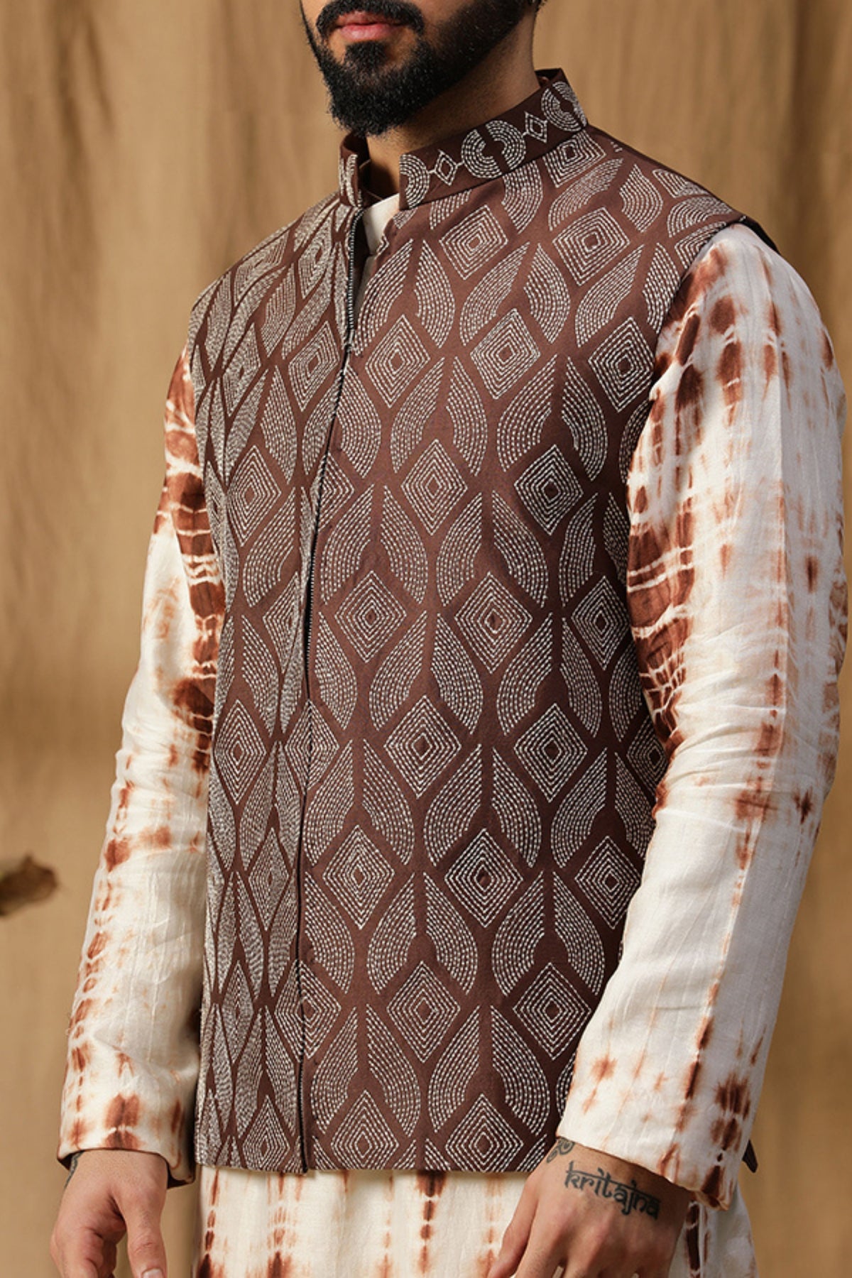 Brown Geometric Jacket Set