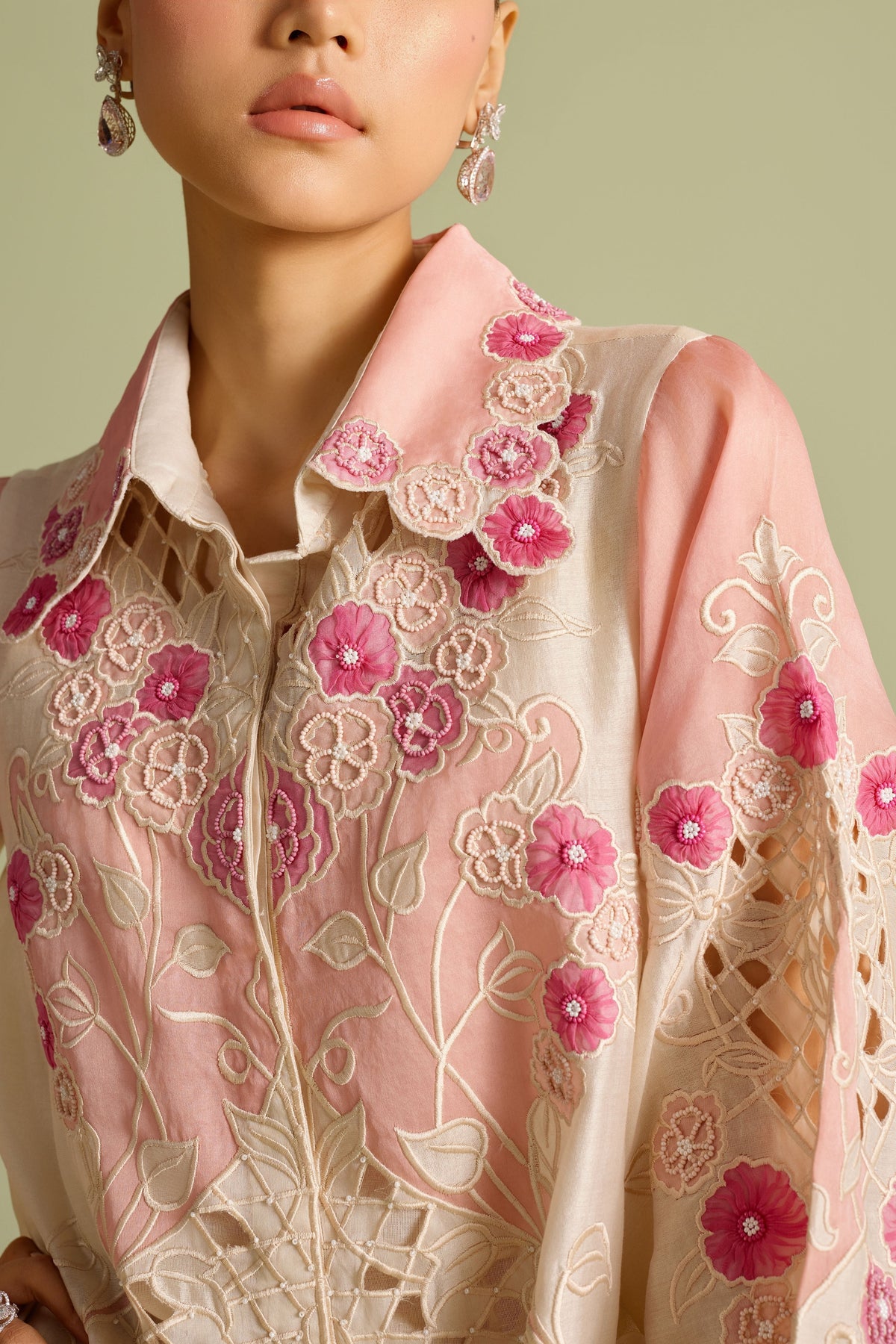 Pinkish Ivory Panelled  Applique Shirt