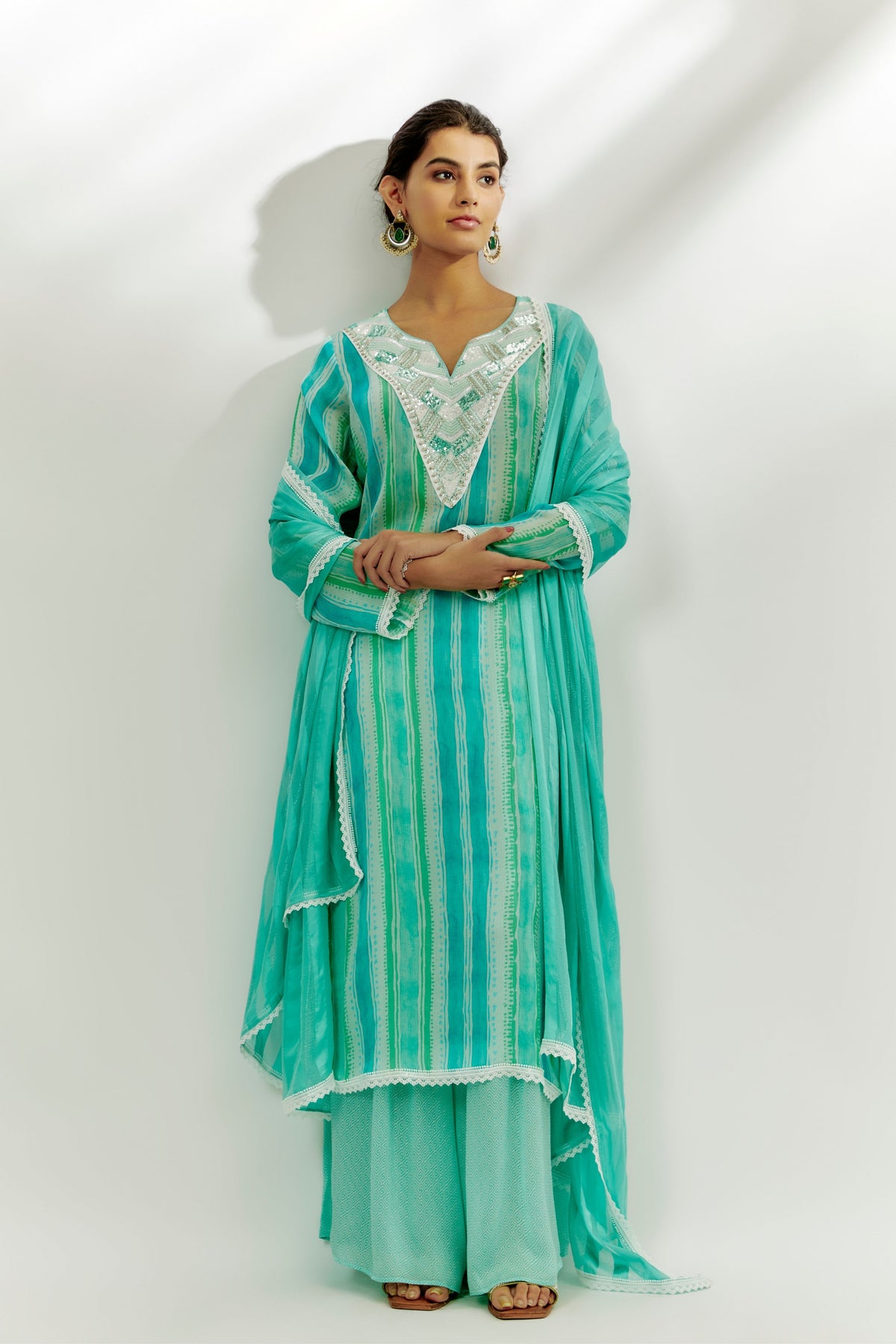 Cyan Blue Printed Kurta Pallazzo Set