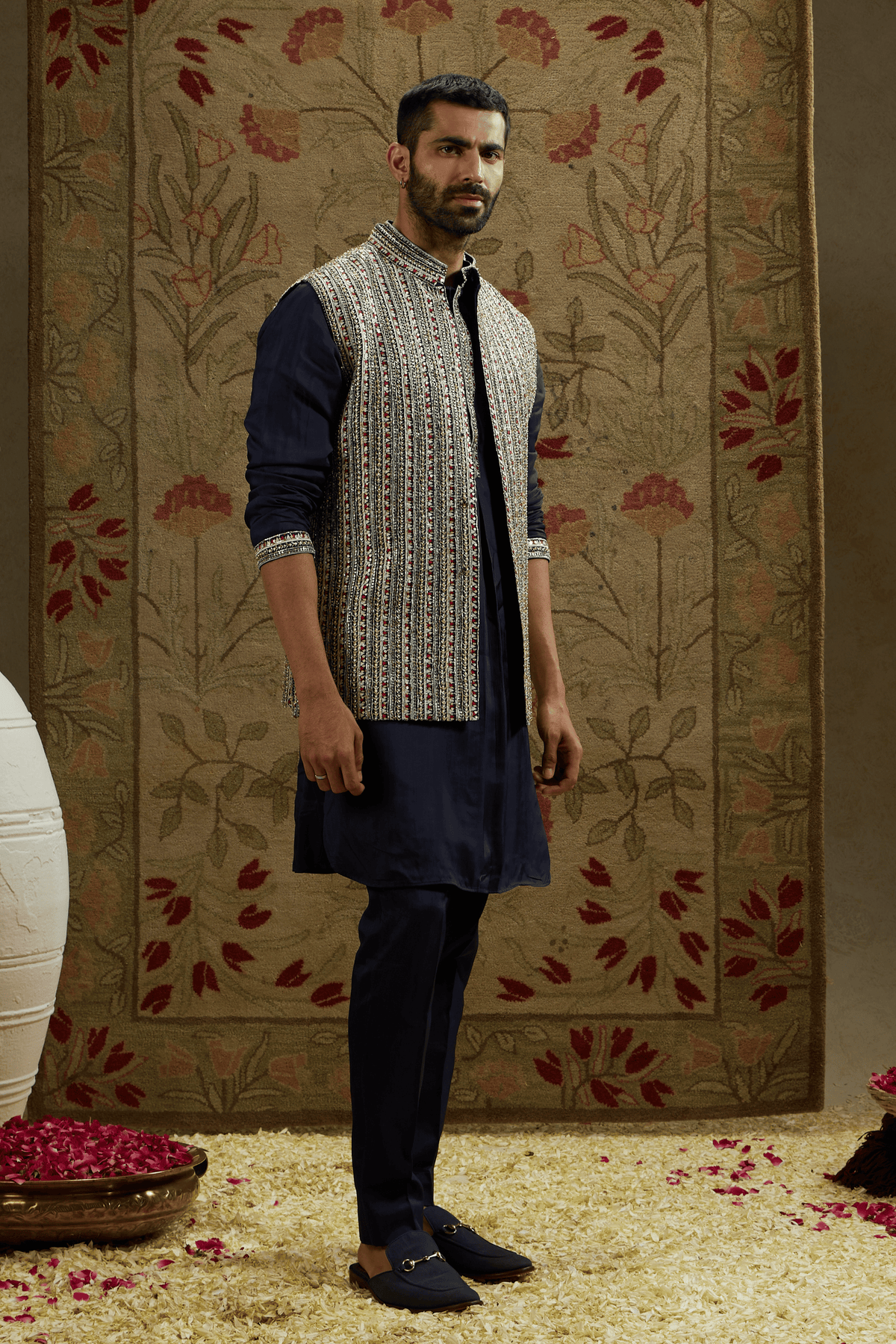 Midnight Blue Border Embellished Bundi