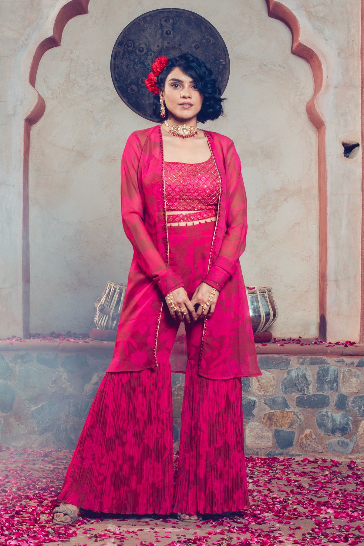 Maroon Embroidered and Printed Garara Set