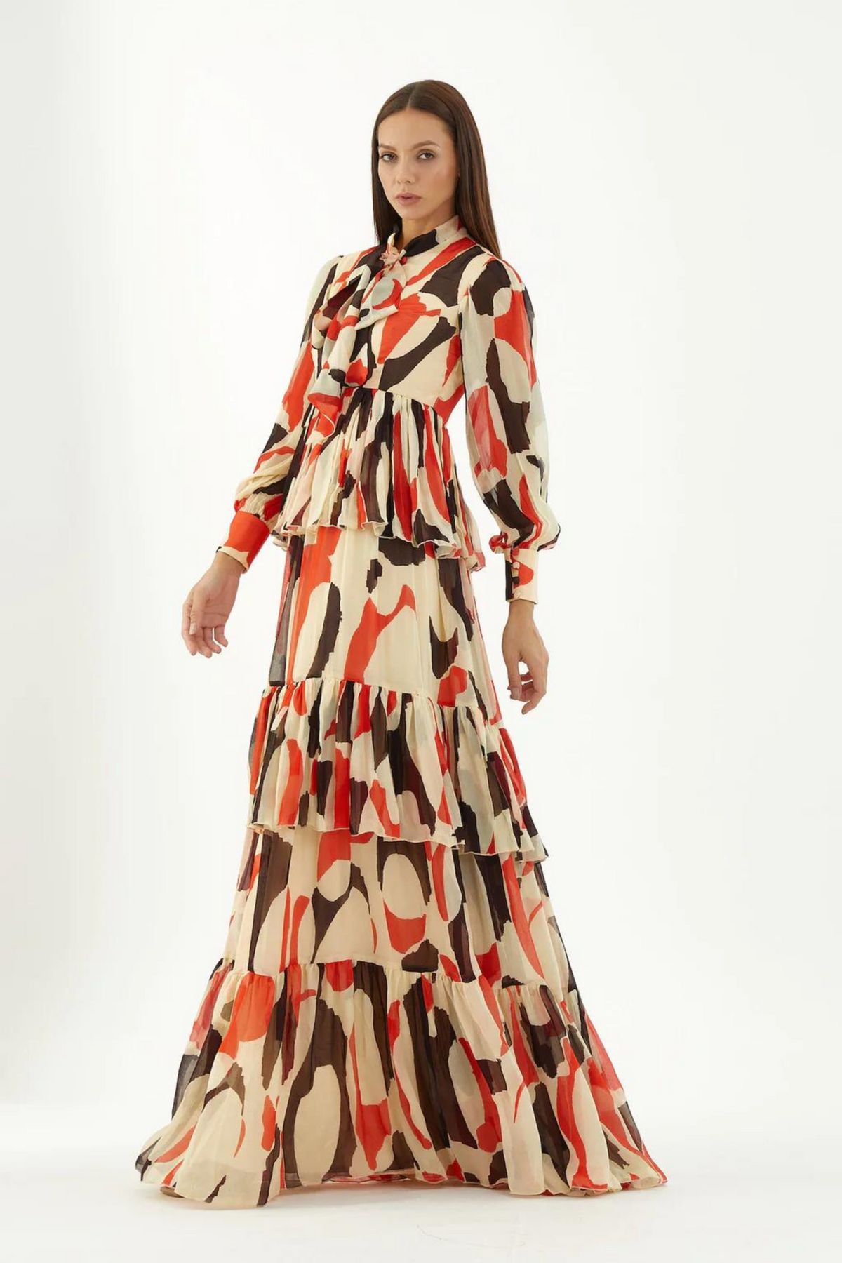 Offwhite, Red And Black Abstract Frill Dress