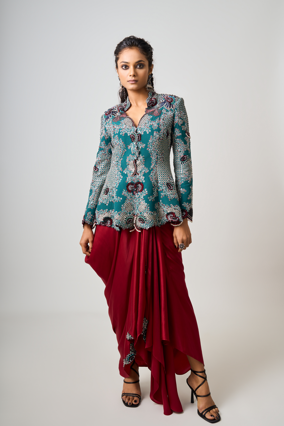 Embroidered Jacket With Cowl Skirt