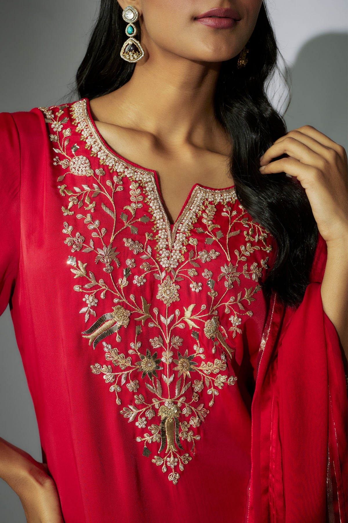 Cherry Red Embroidered Tunic Set