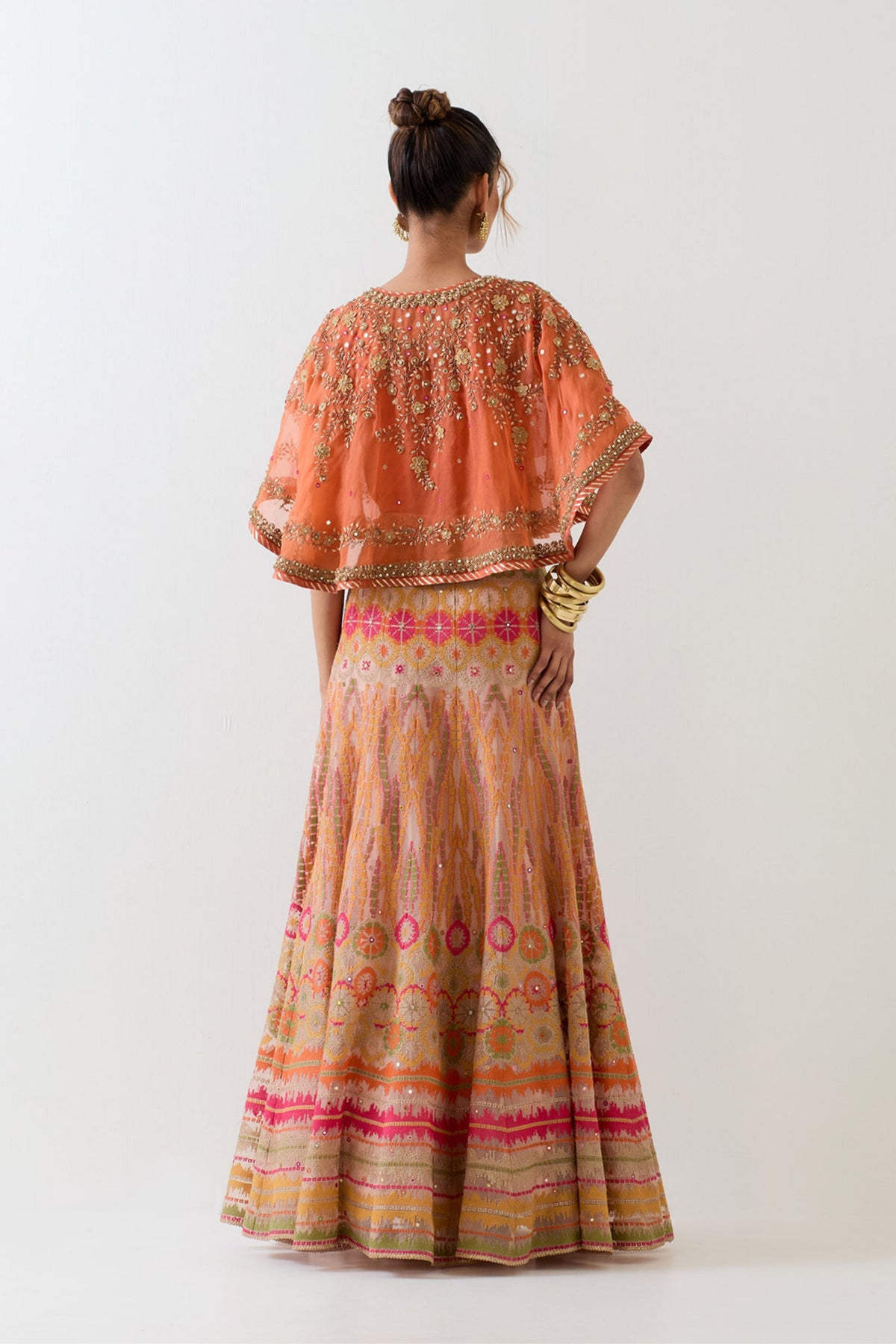 Orange Cape With Skirt Set