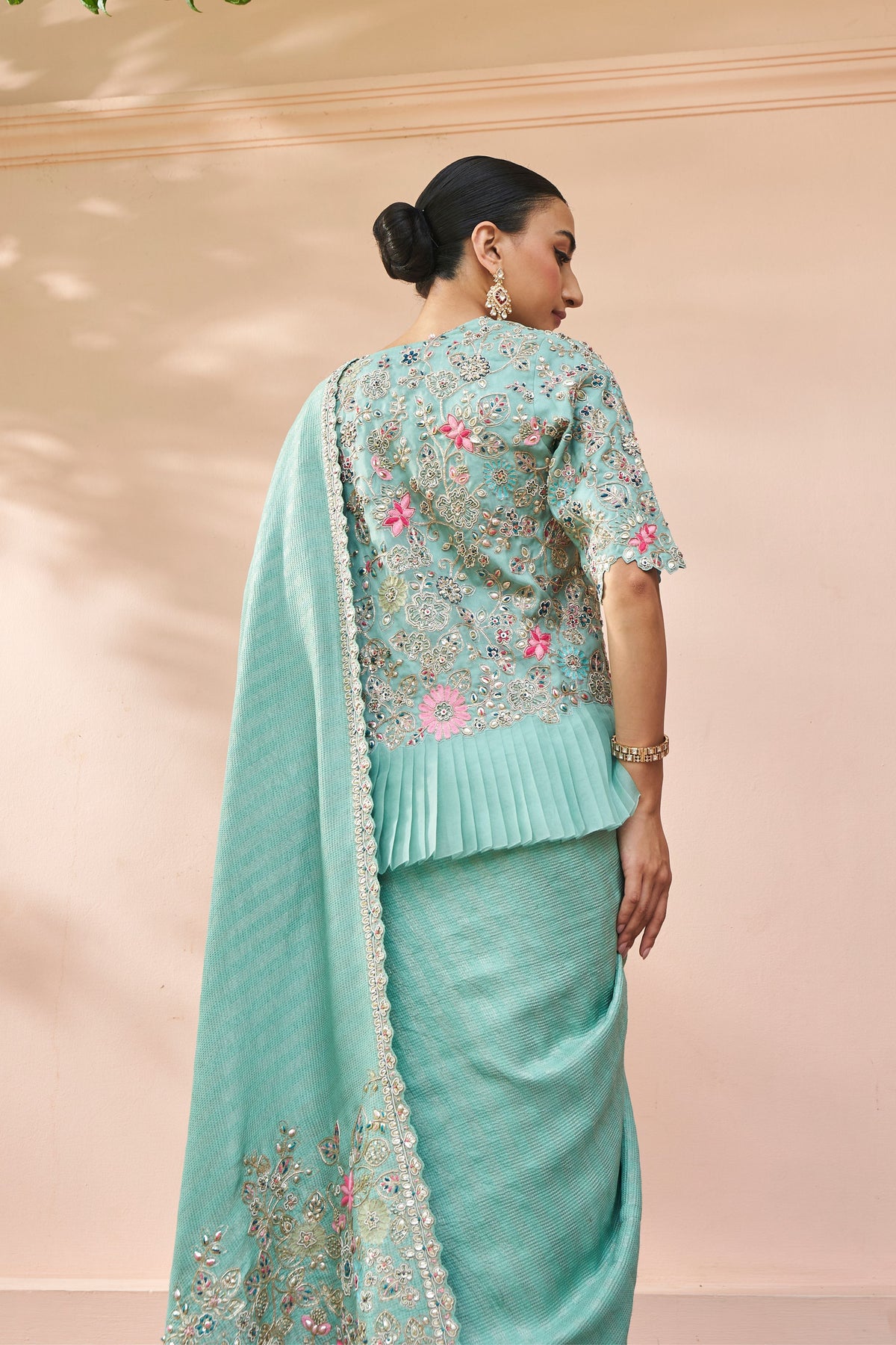 Teal Jacket And Saree Set