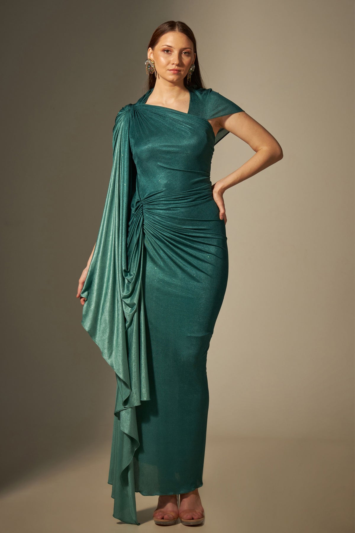 Green Stretch Draped Gown