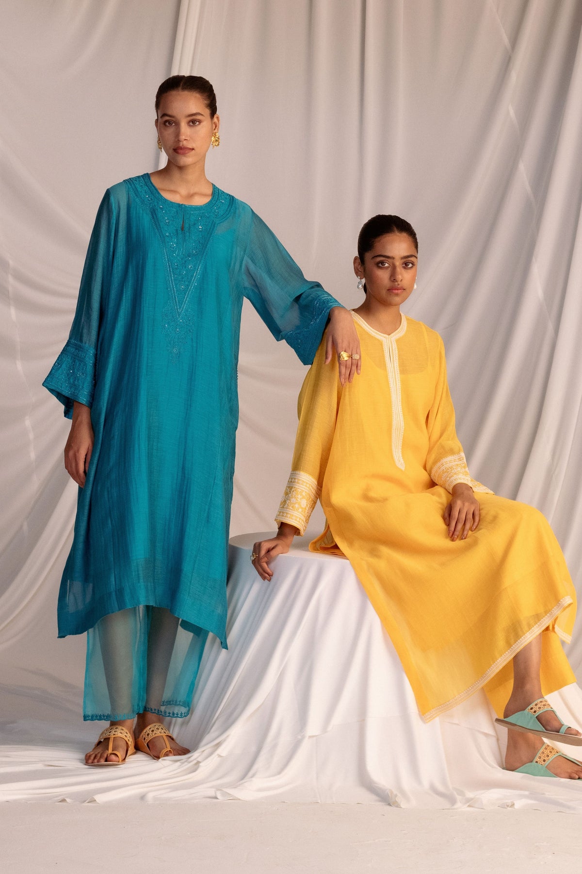 Turquoise Embroidered Tunic &amp; Trouser Set