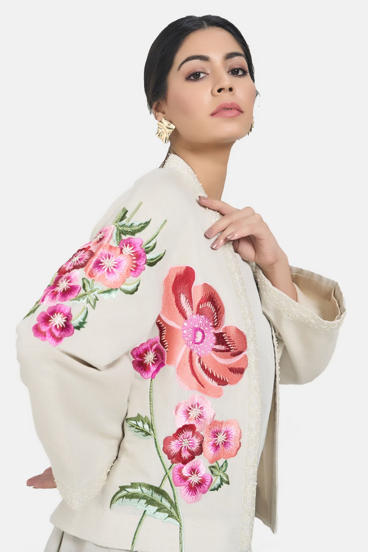 Beige Embroidered Floral Jacket