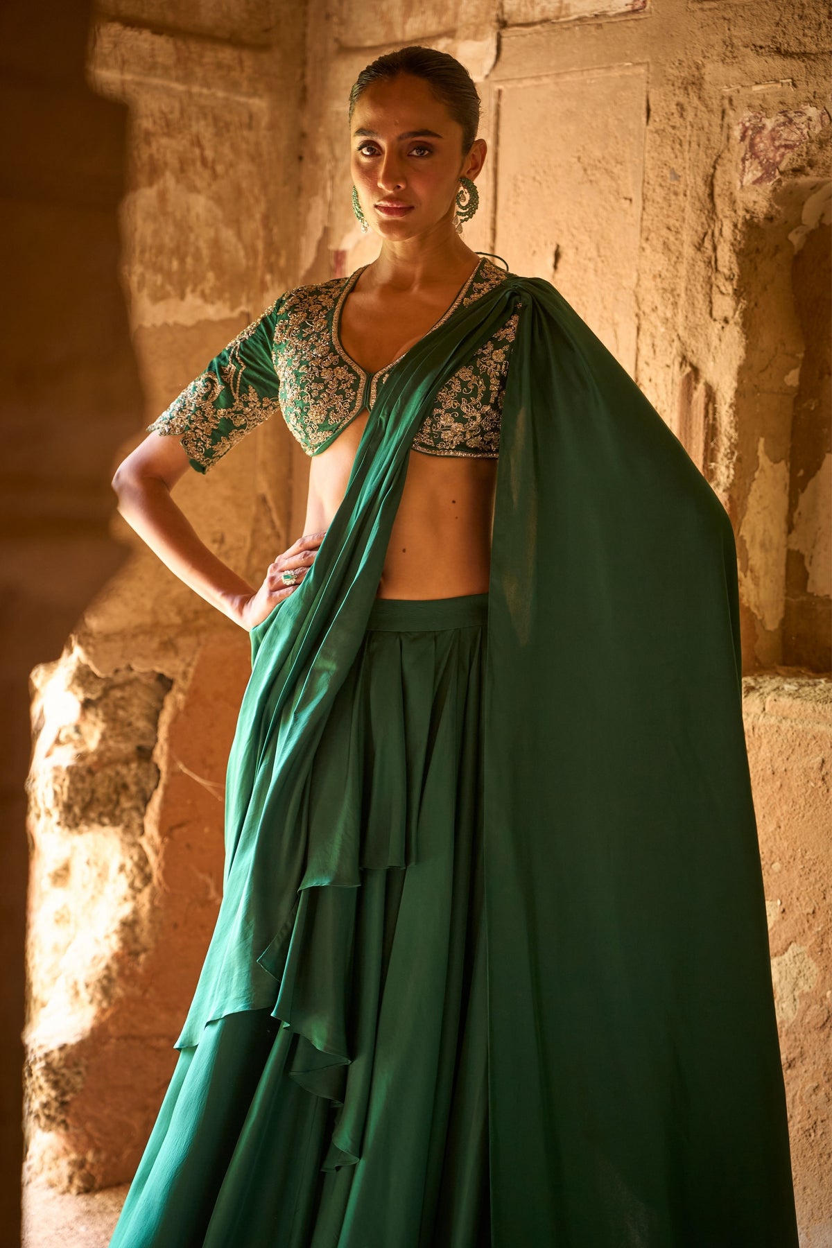 Emerald Green Draped Saree Set