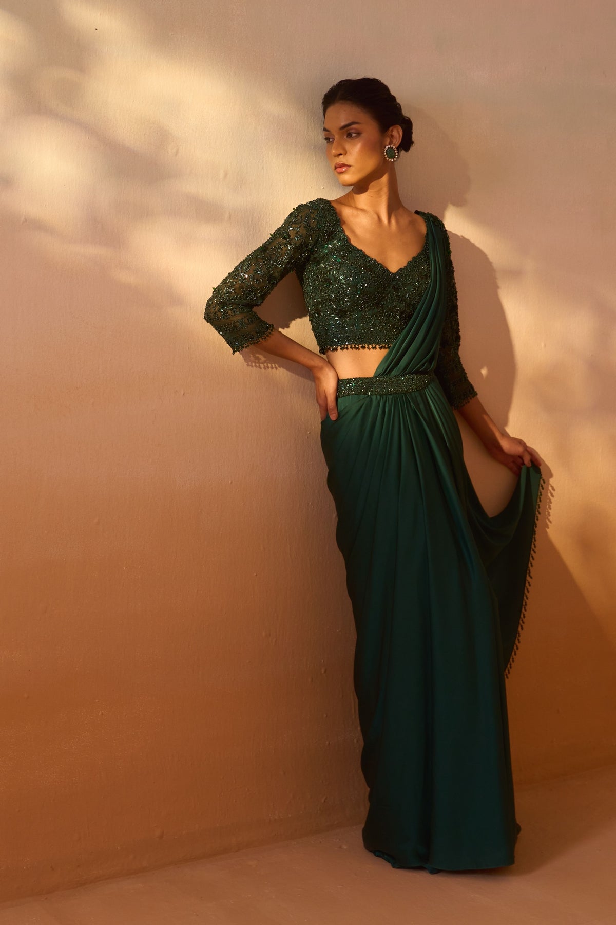 Bottle Green Draped Saree