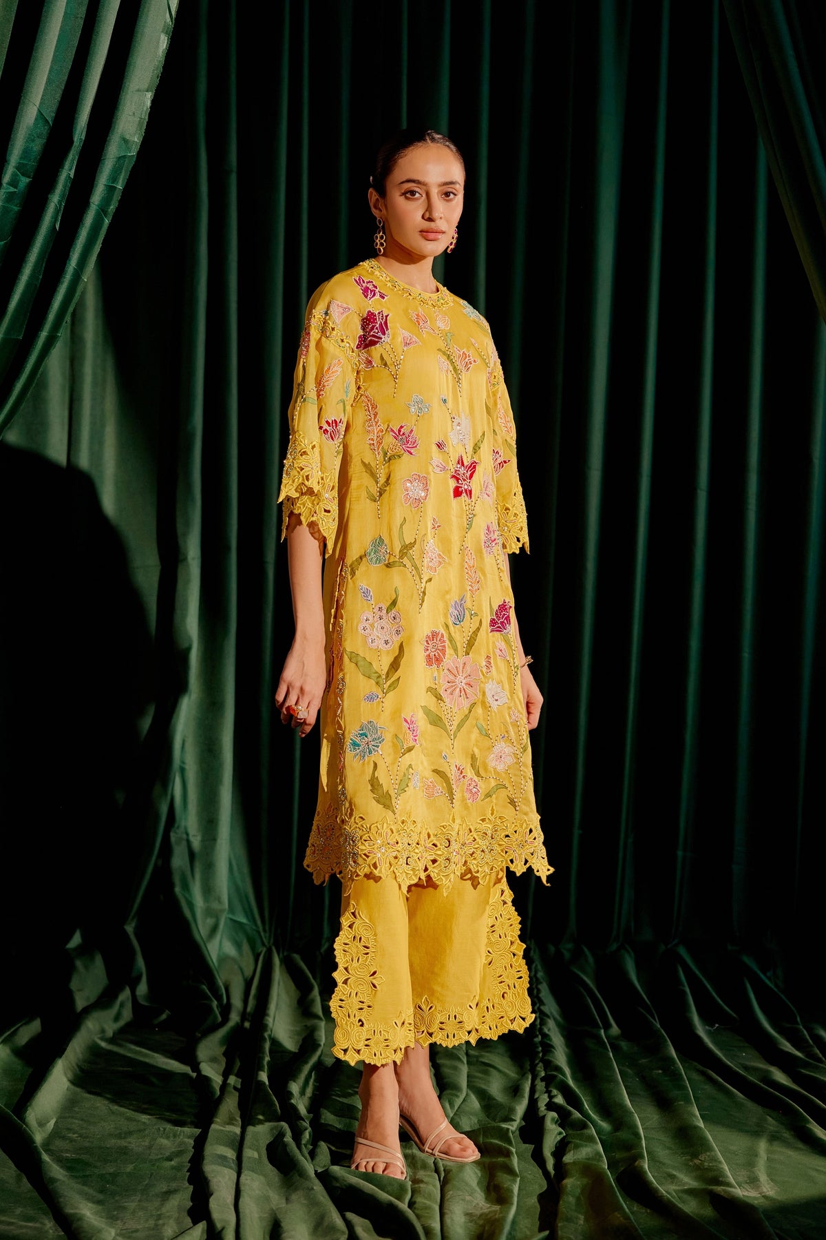 Yellow Floral Applique Kurta Set