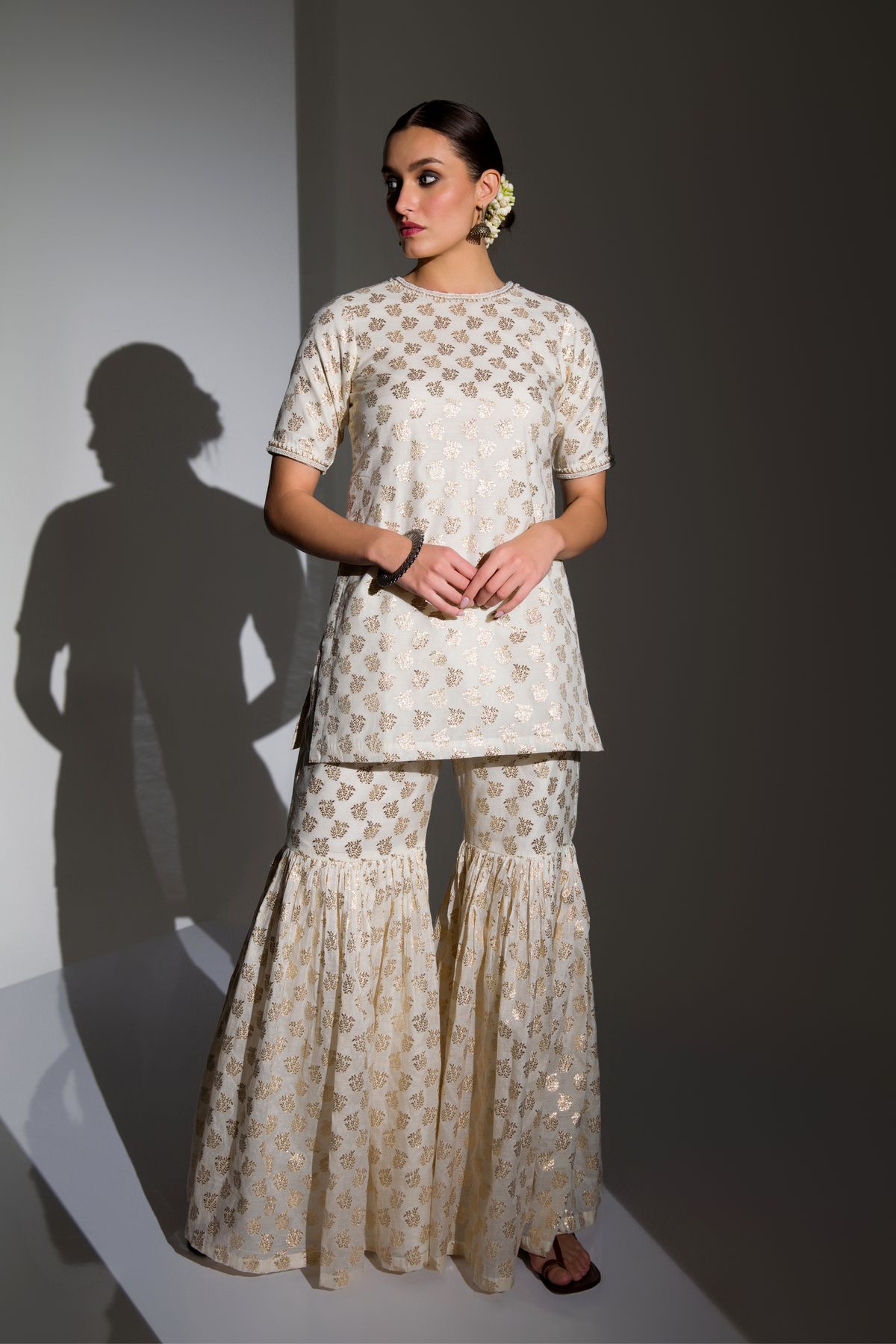 Ivory And Gold Embellished Kurta Sharara Set