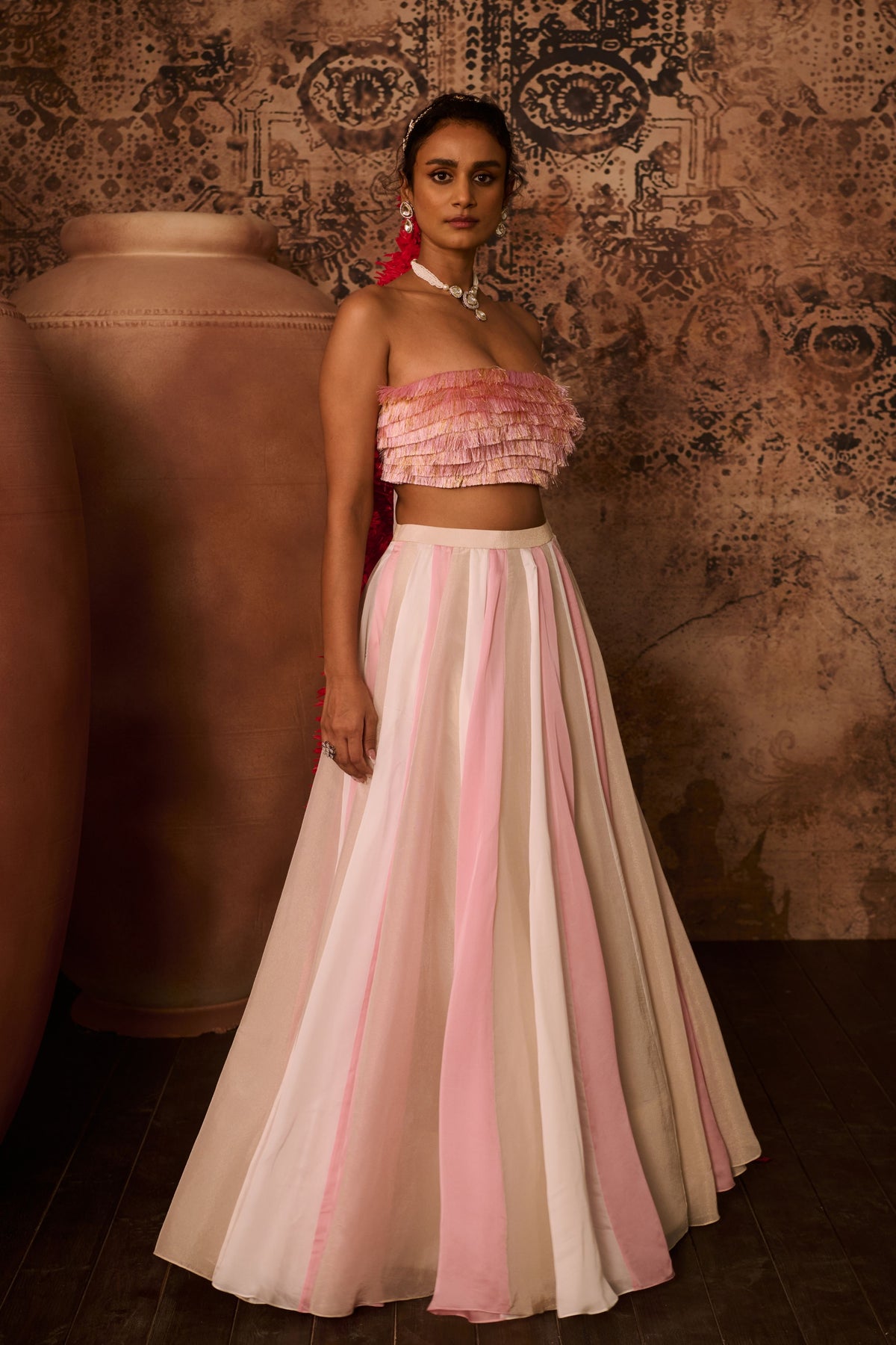 Pink Embroidered Top With Multiple Coloured Skirt