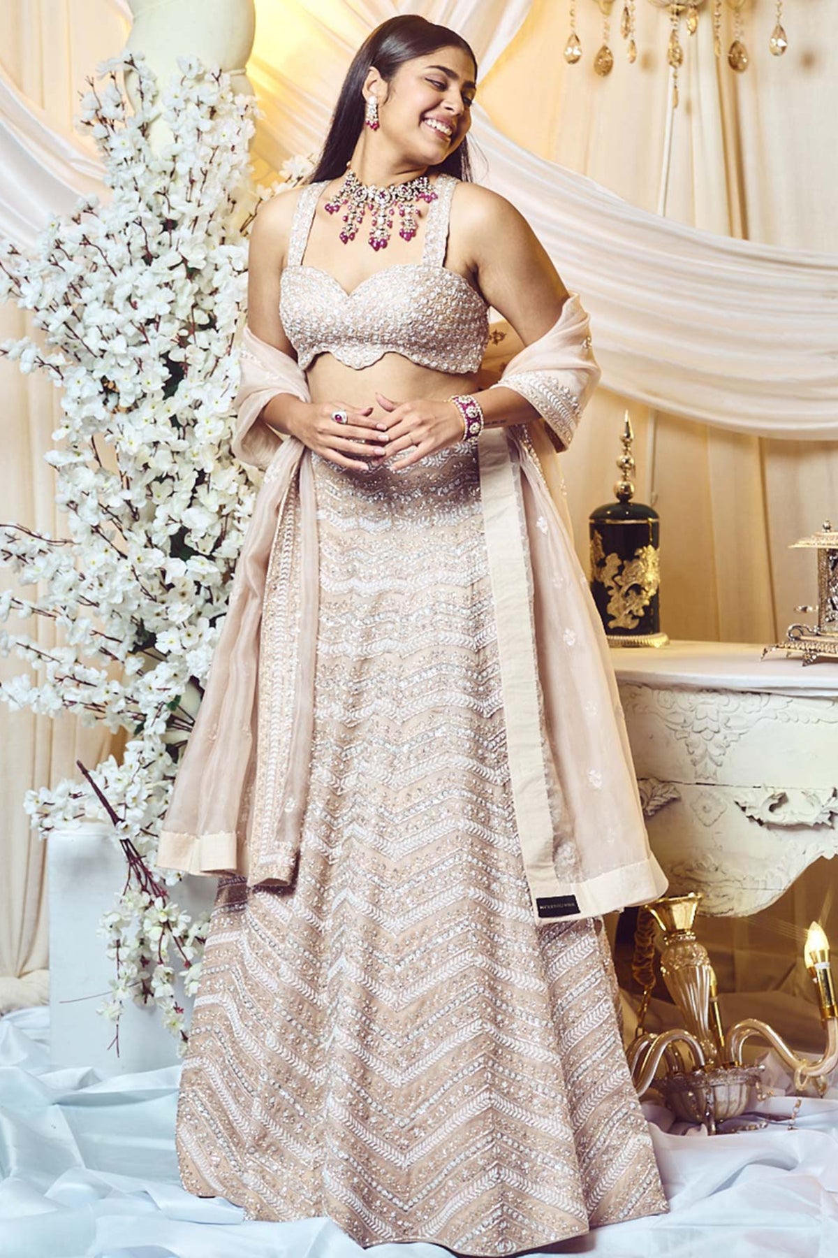 Champagne Taupe Chevron Lehenga Set