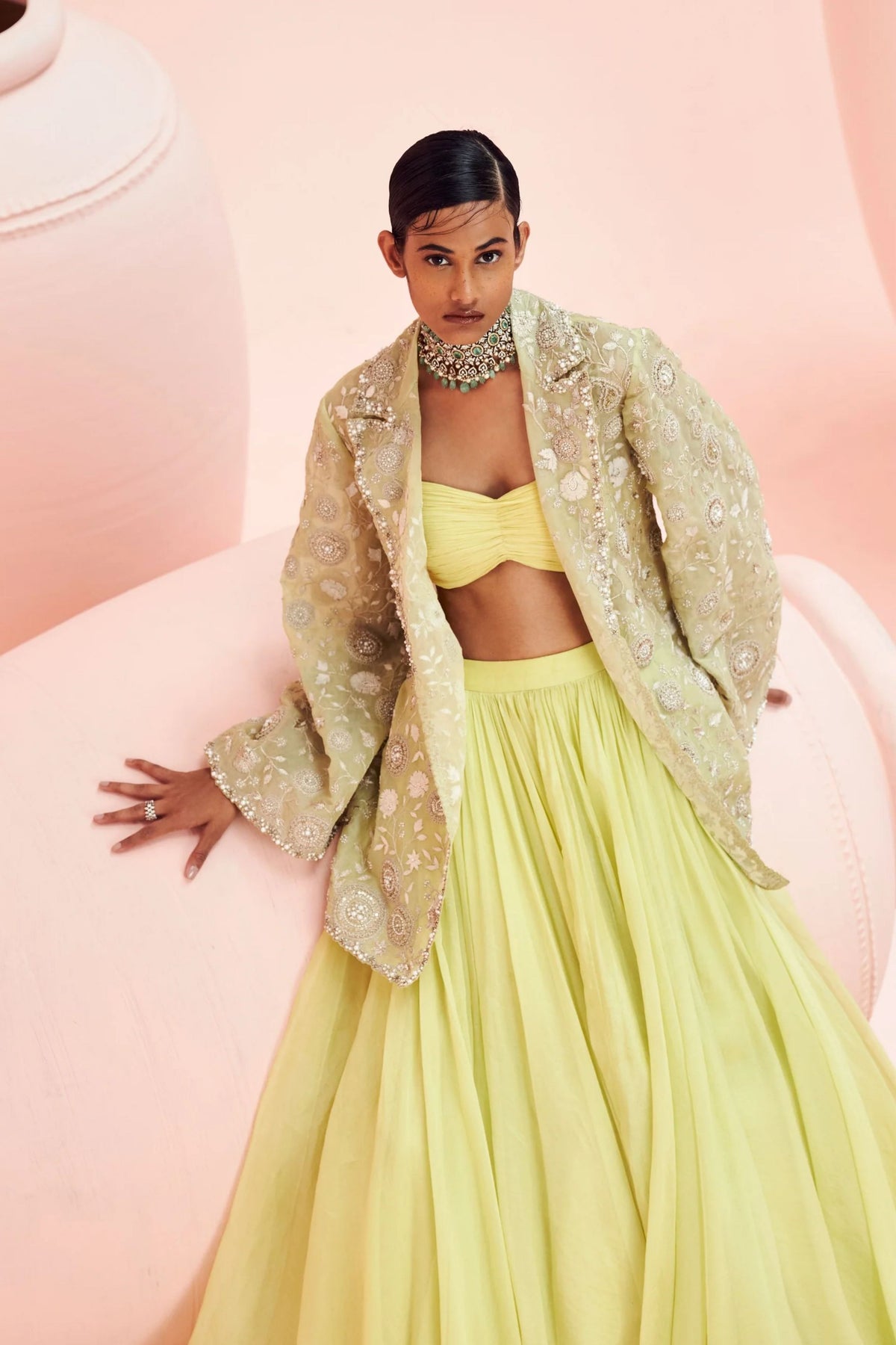 Lime Green Lehenga With Embroidered Jacket Set