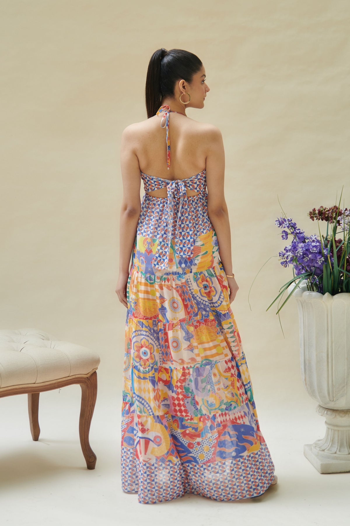 Multicolor Halter Neck Backless Long Dress