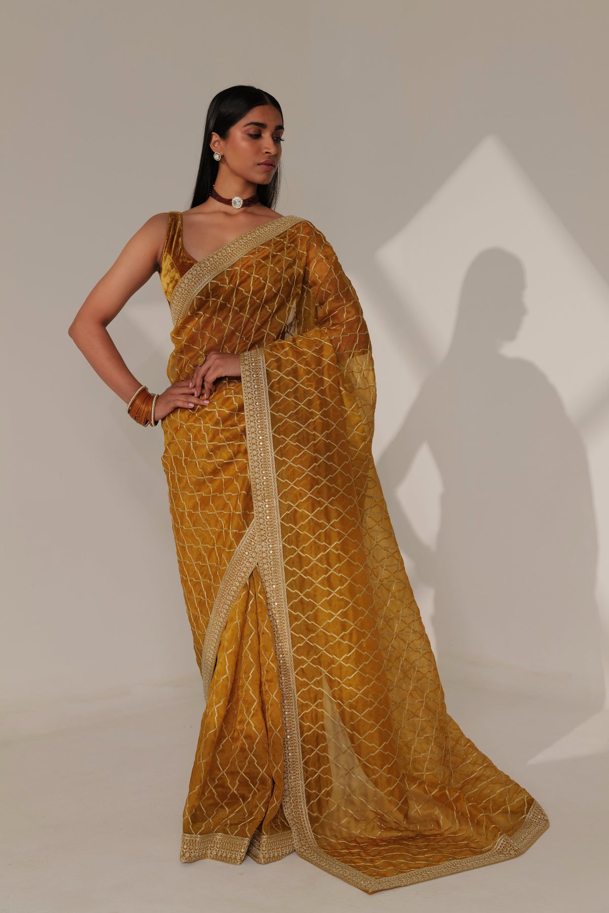 Mustard Embroidery Saree Set