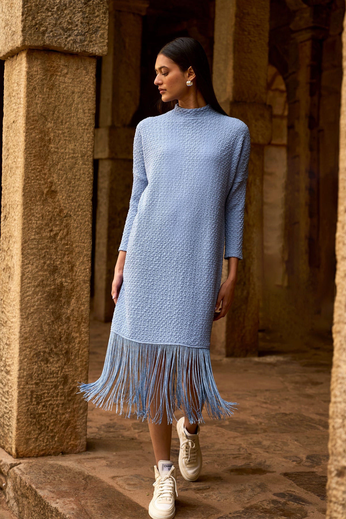 Sky Knit Fringe Midi Dress