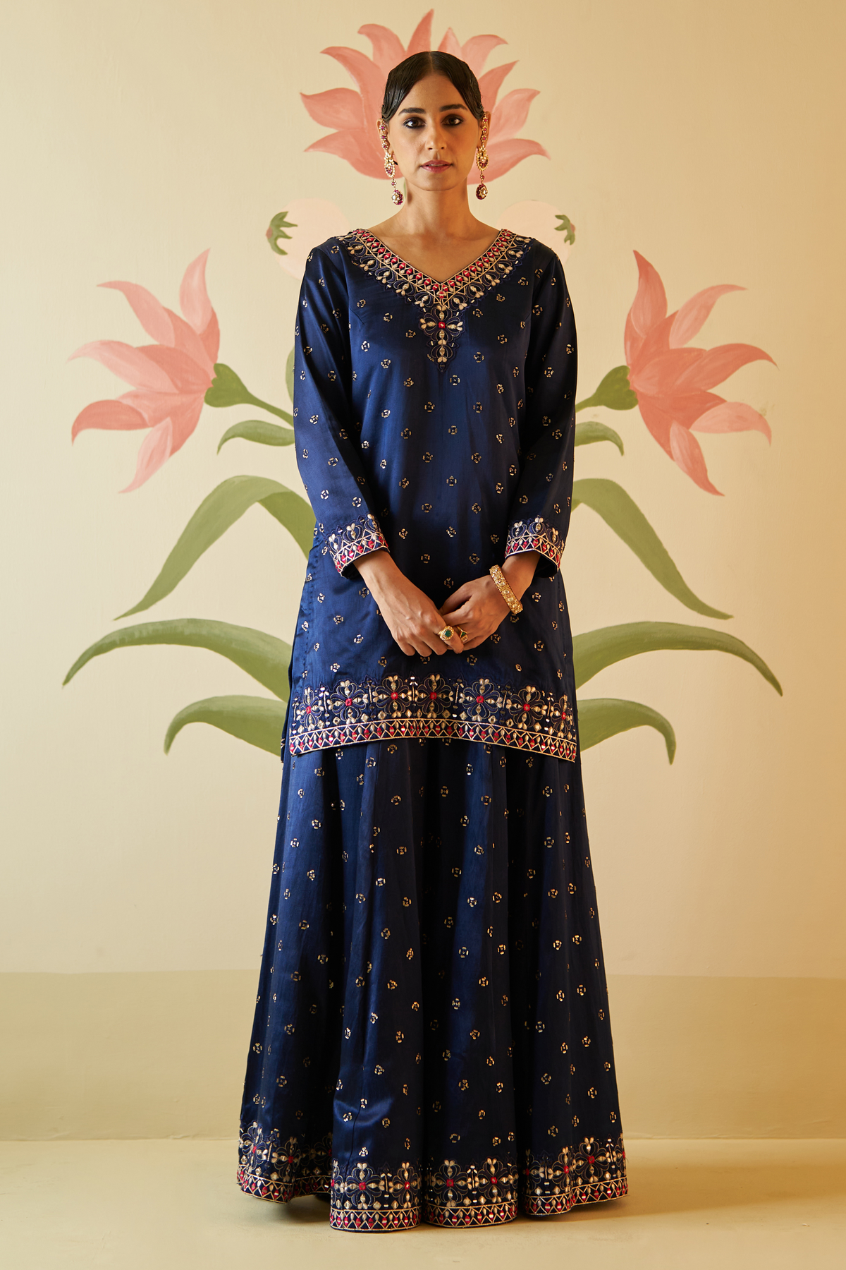 Mid Night Blue Satin Silk Sharara Set